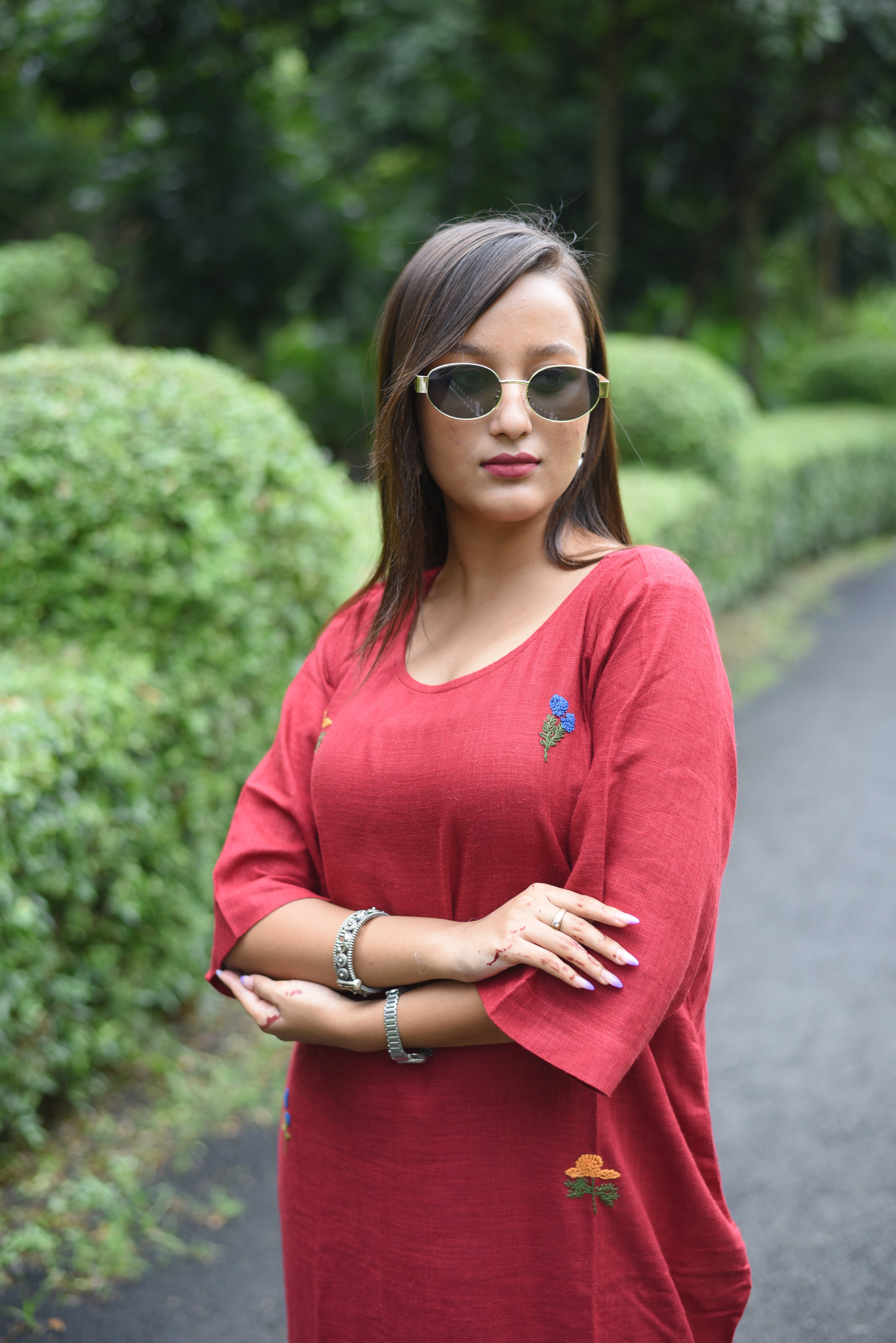 Red Hand Embroidered Cotton Midi Dress