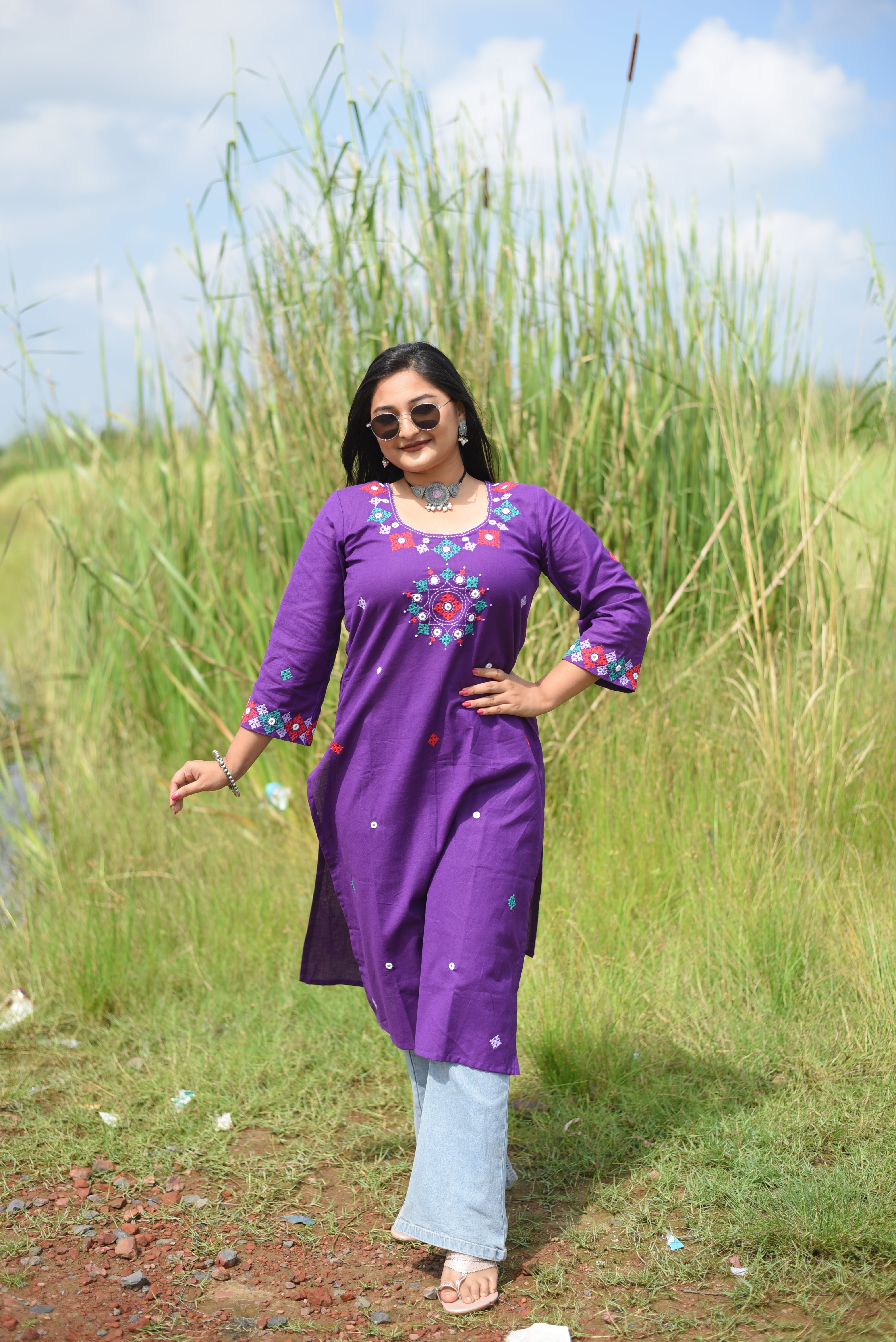 Purple Color Kutch Hand Embroidered Mirror Work Kurta
