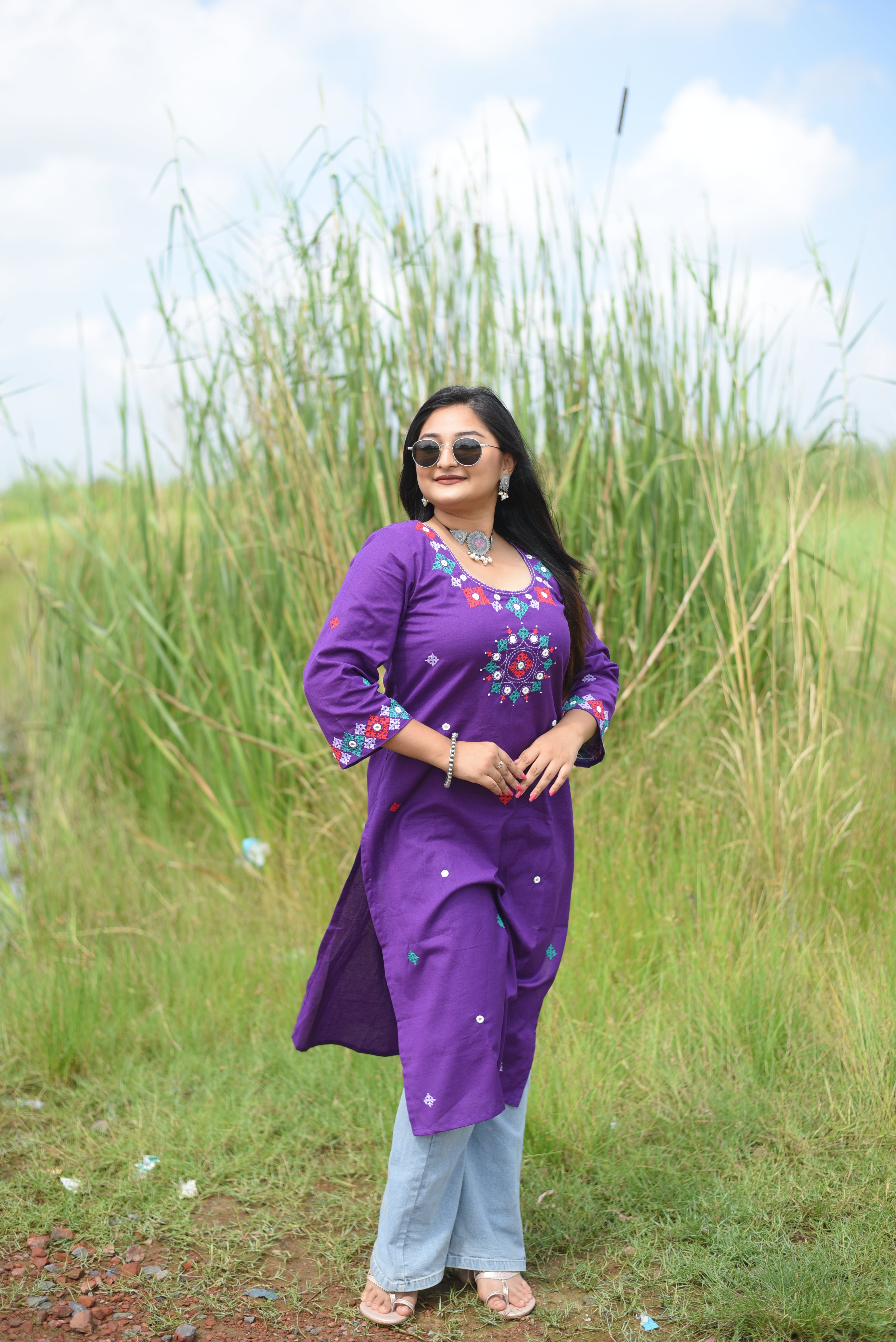Purple Color Kutch Hand Embroidered Mirror Work Kurta