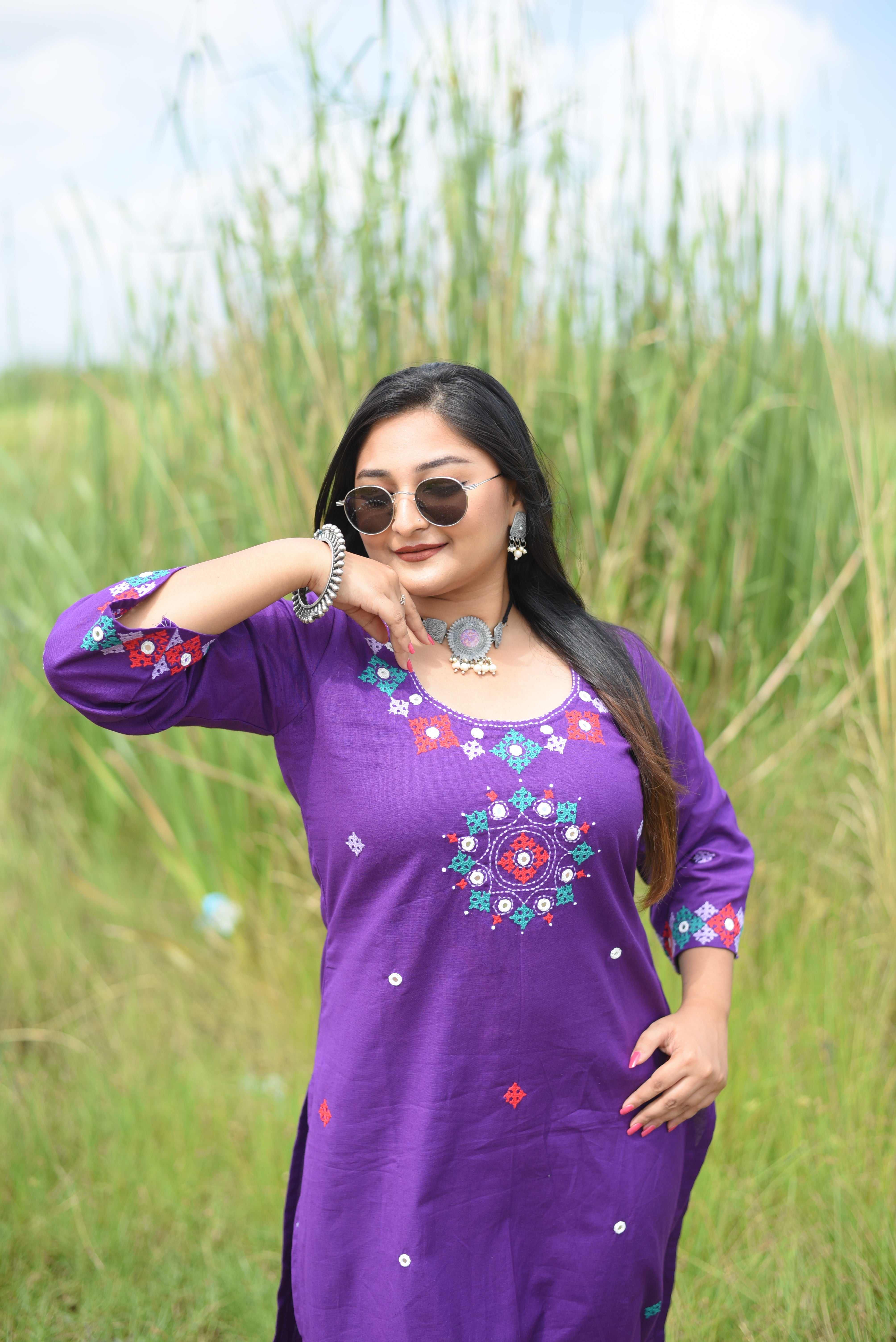 Purple Color Kutch Hand Embroidered Mirror Work Kurta