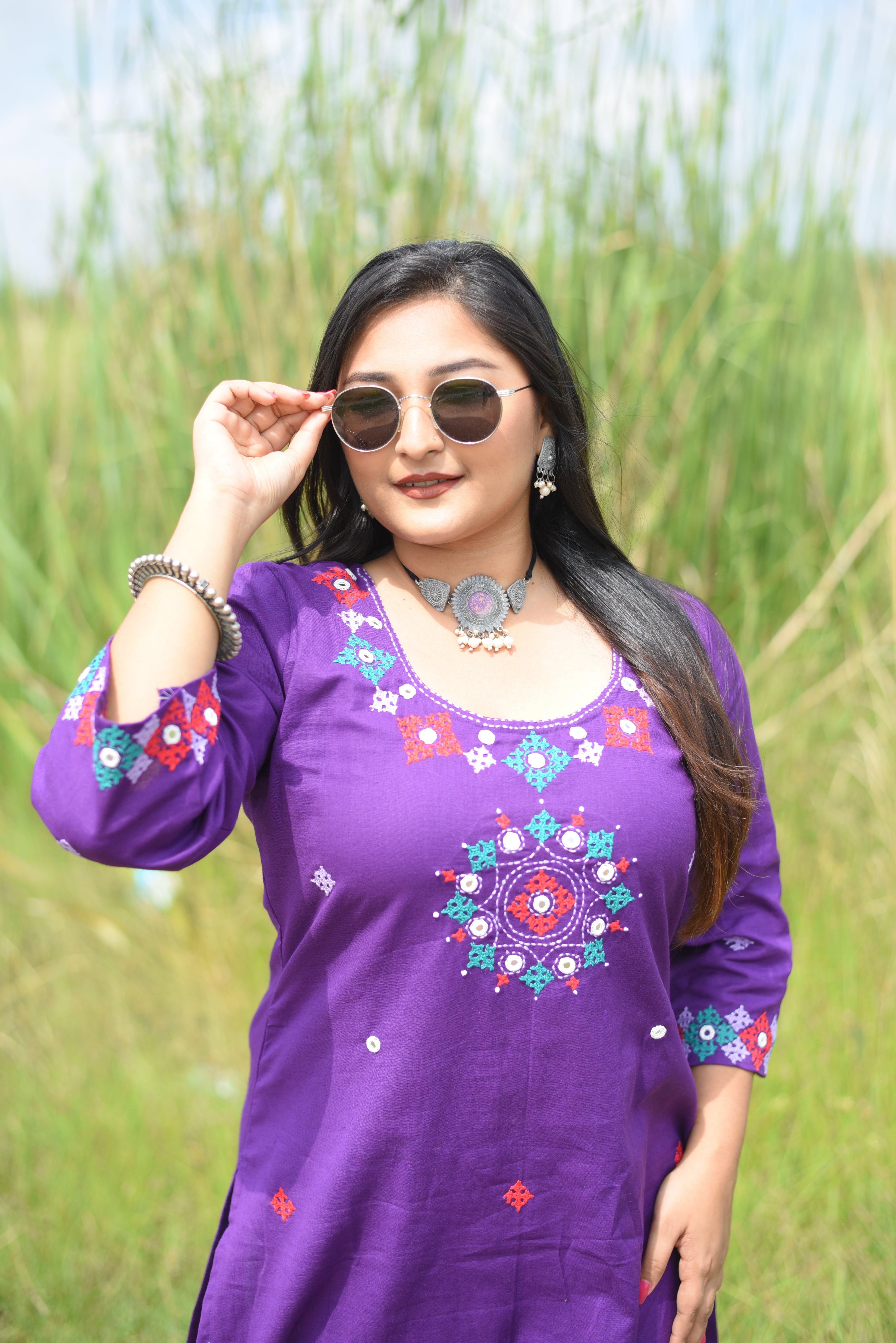 Purple Color Kutch Hand Embroidered Mirror Work Kurta