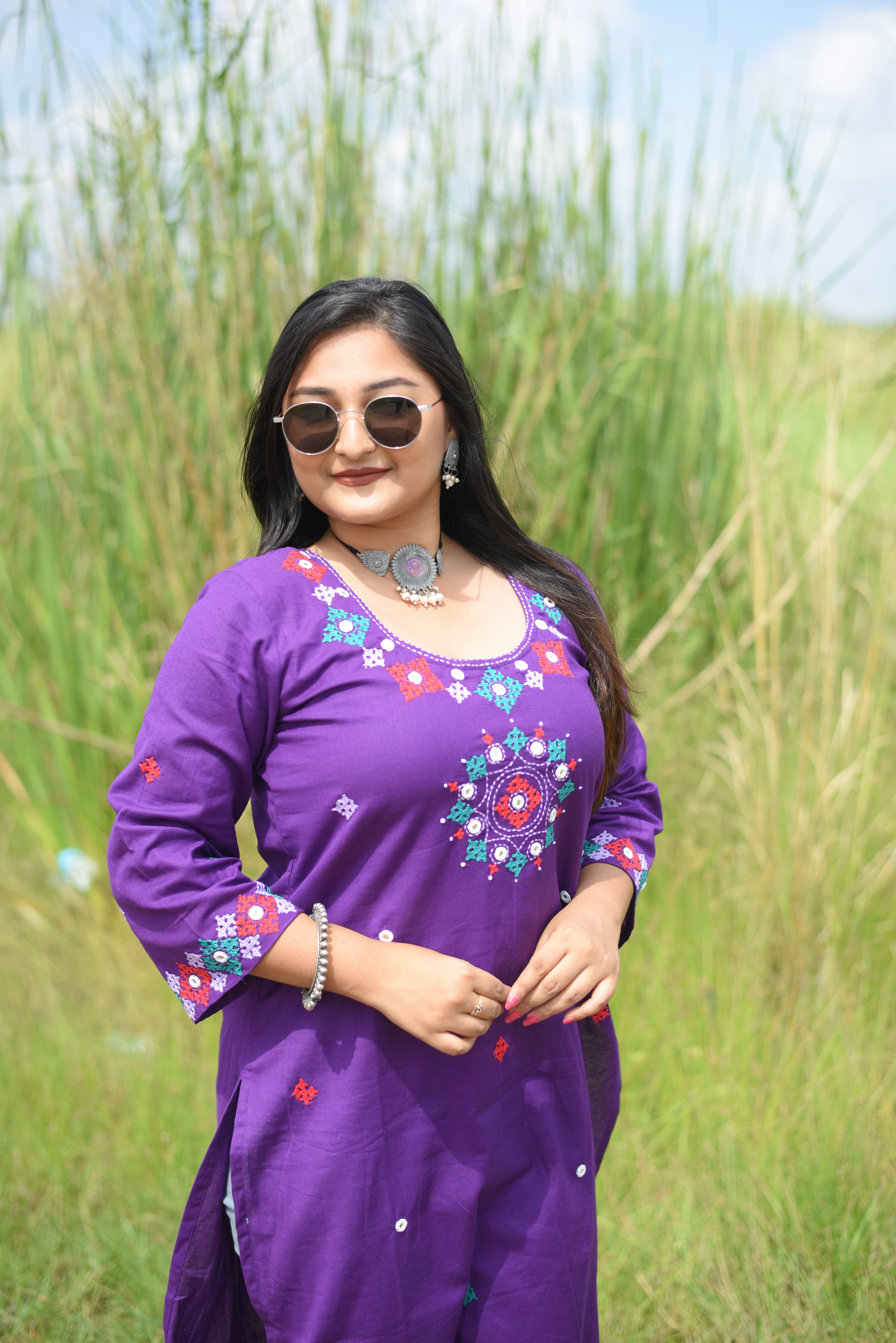 Purple Color Kutch Hand Embroidered Mirror Work Kurta