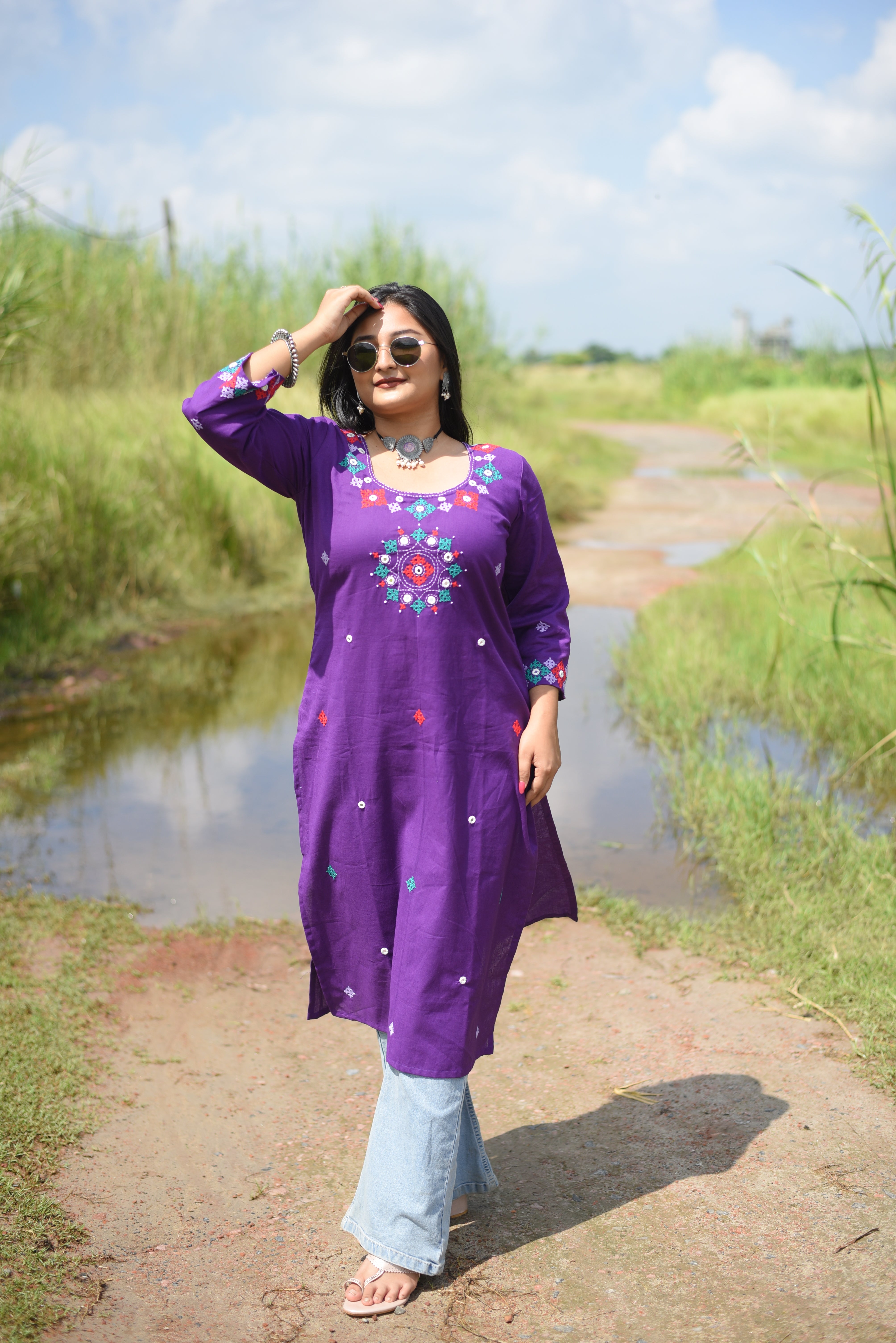 Purple Color Kutch Hand Embroidered Mirror Work Kurta
