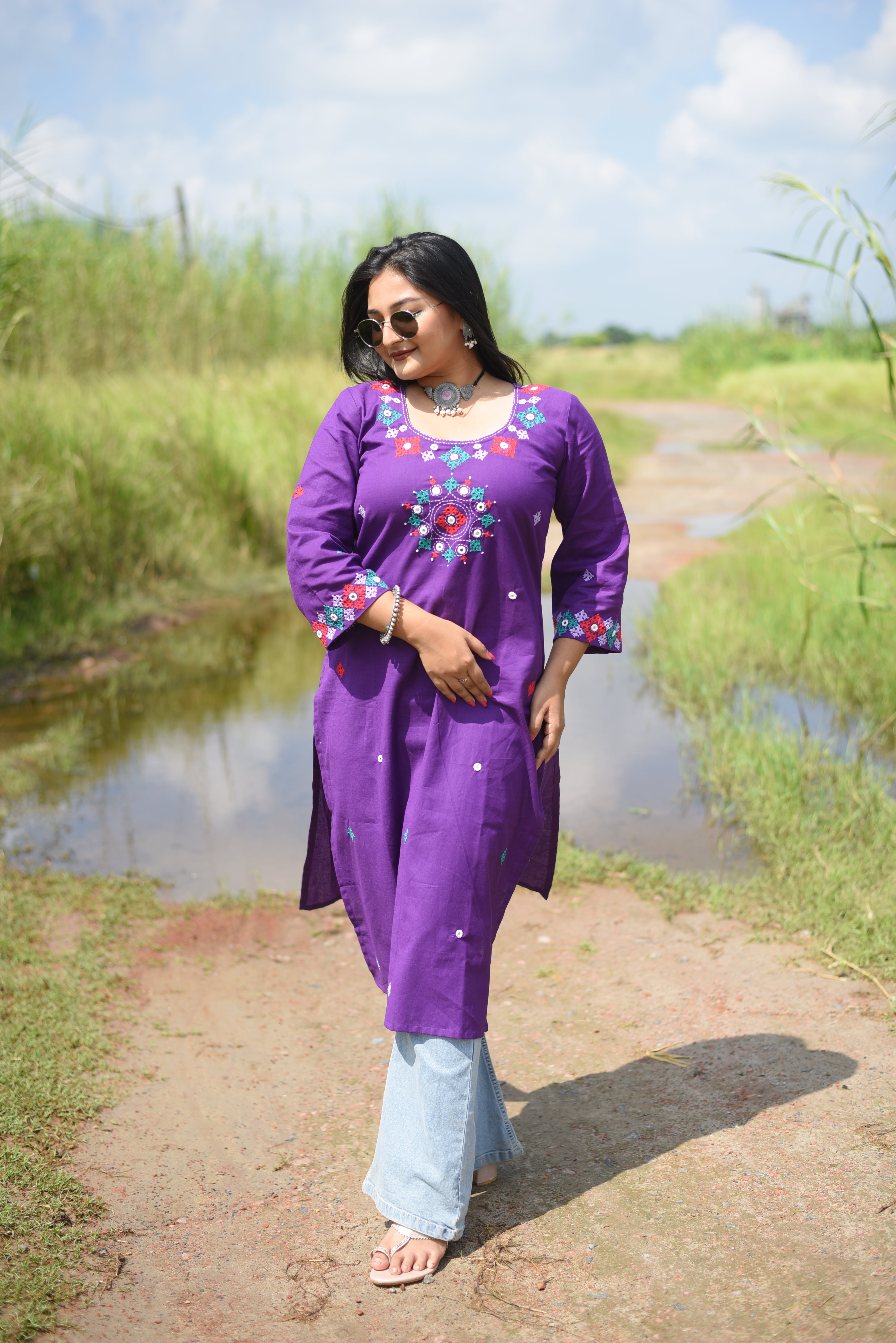 Purple Color Kutch Hand Embroidered Mirror Work Kurta