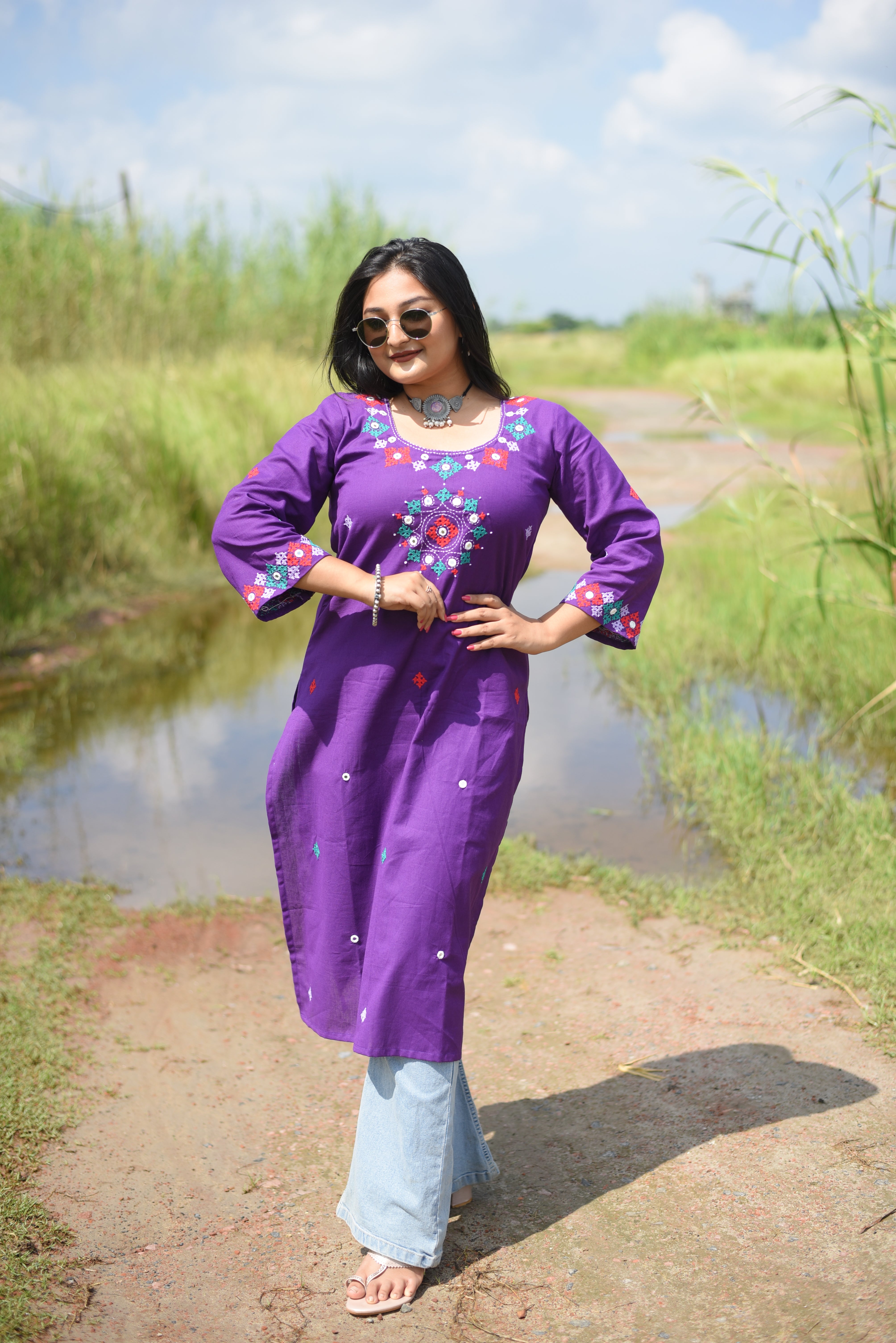 Purple Color Kutch Hand Embroidered Mirror Work Kurta