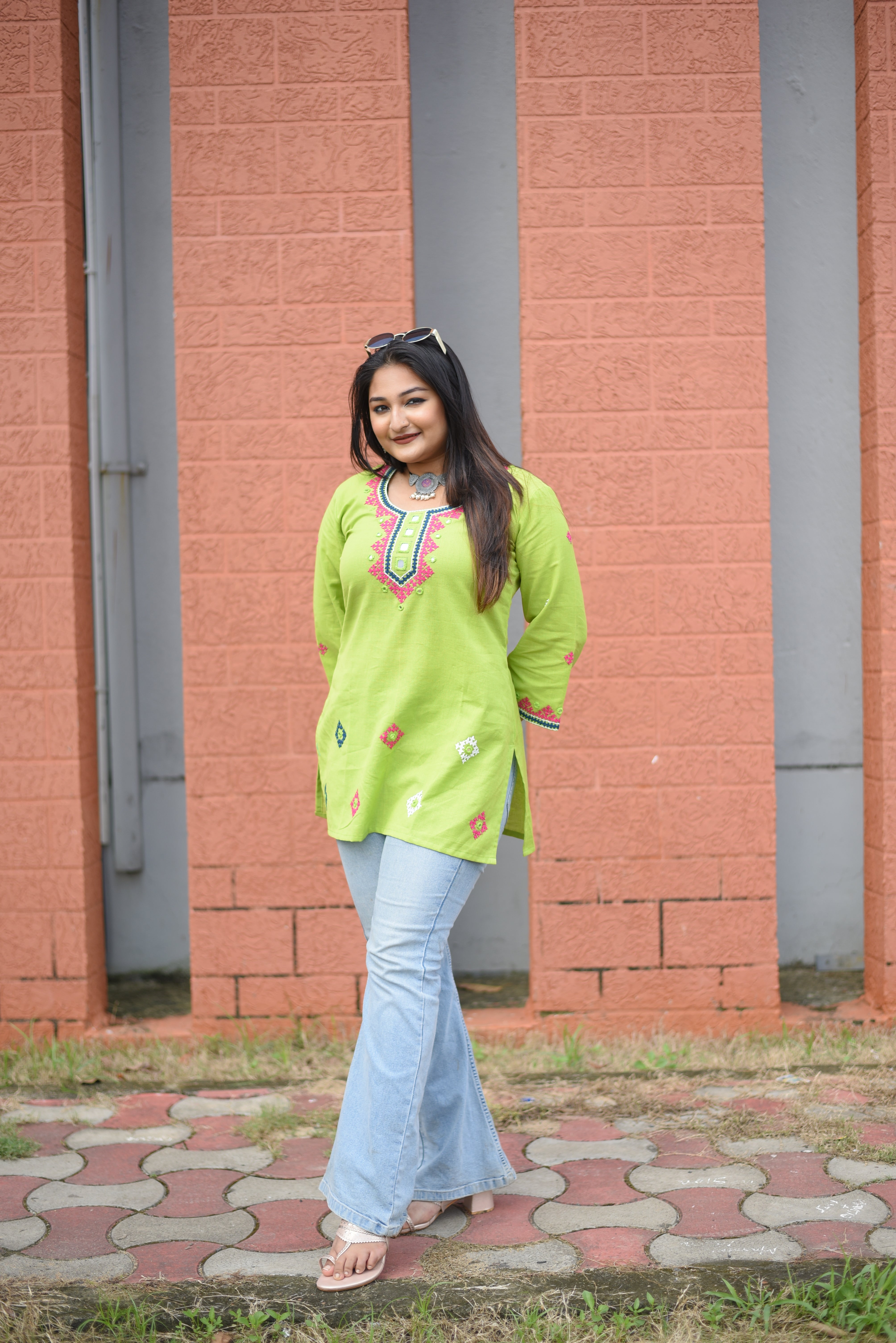 Green Color Kutch Hand Embroidered Mirror Work Kurta