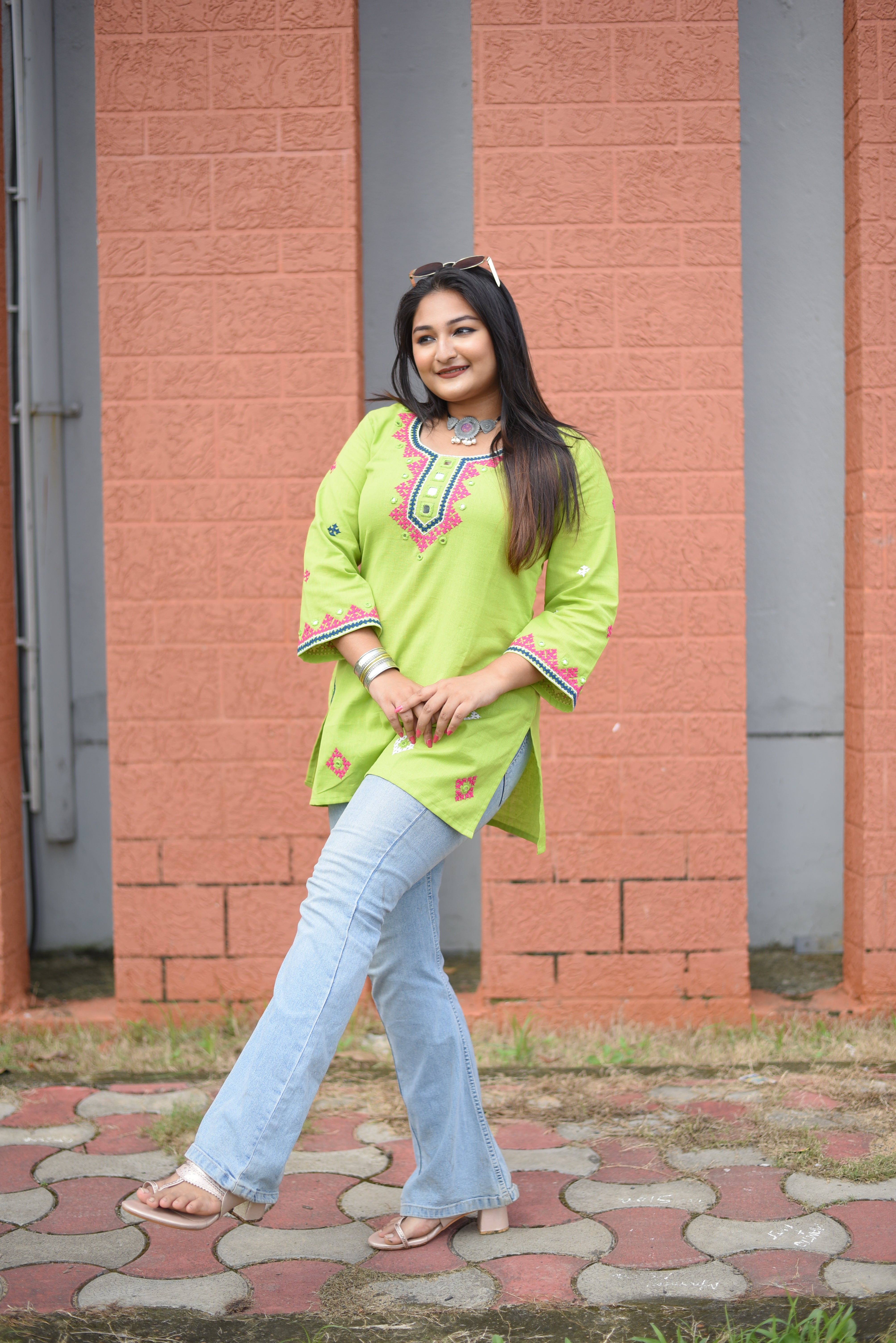 Green Color Kutch Hand Embroidered Mirror Work Kurta