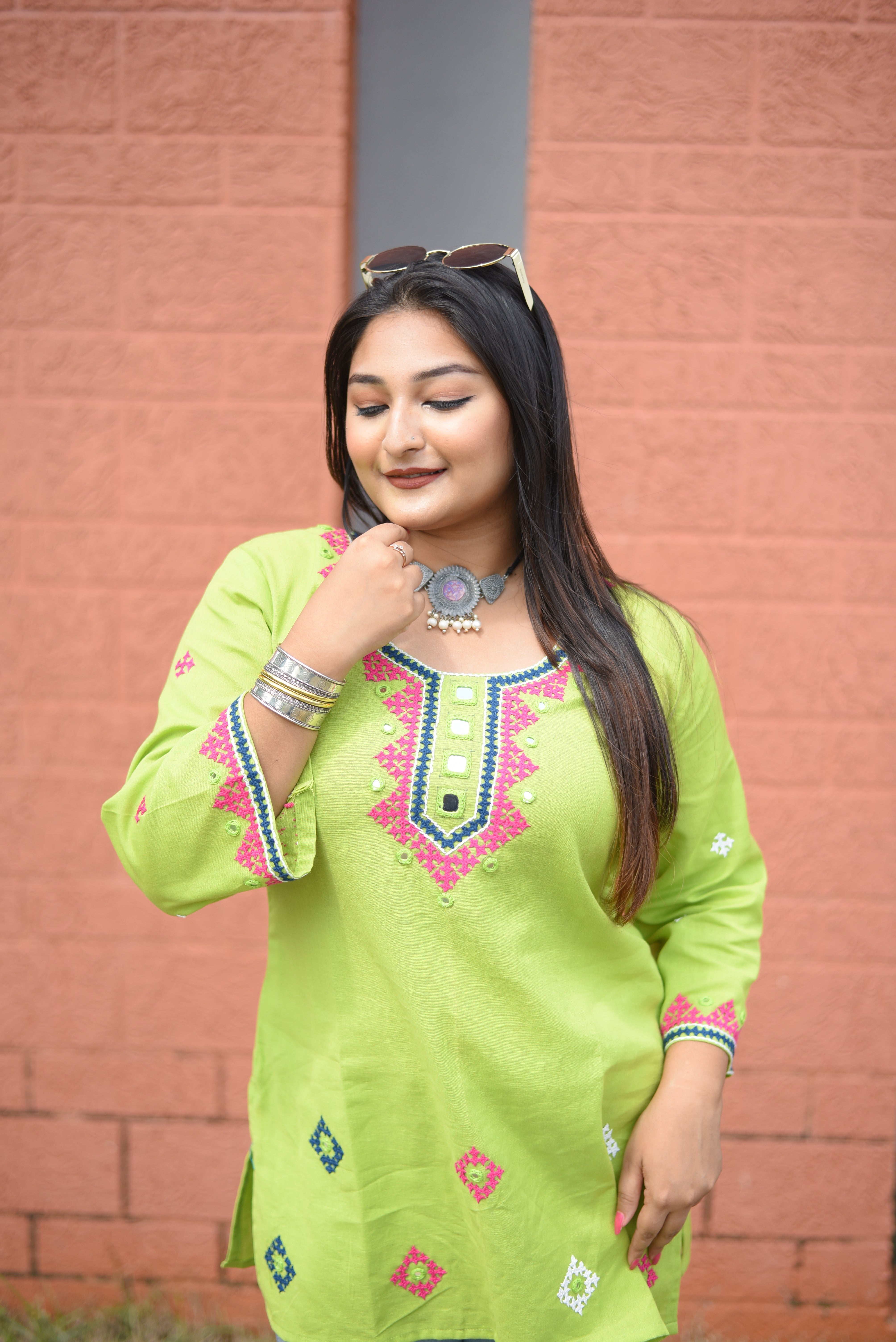 Green Color Kutch Hand Embroidered Mirror Work Kurta