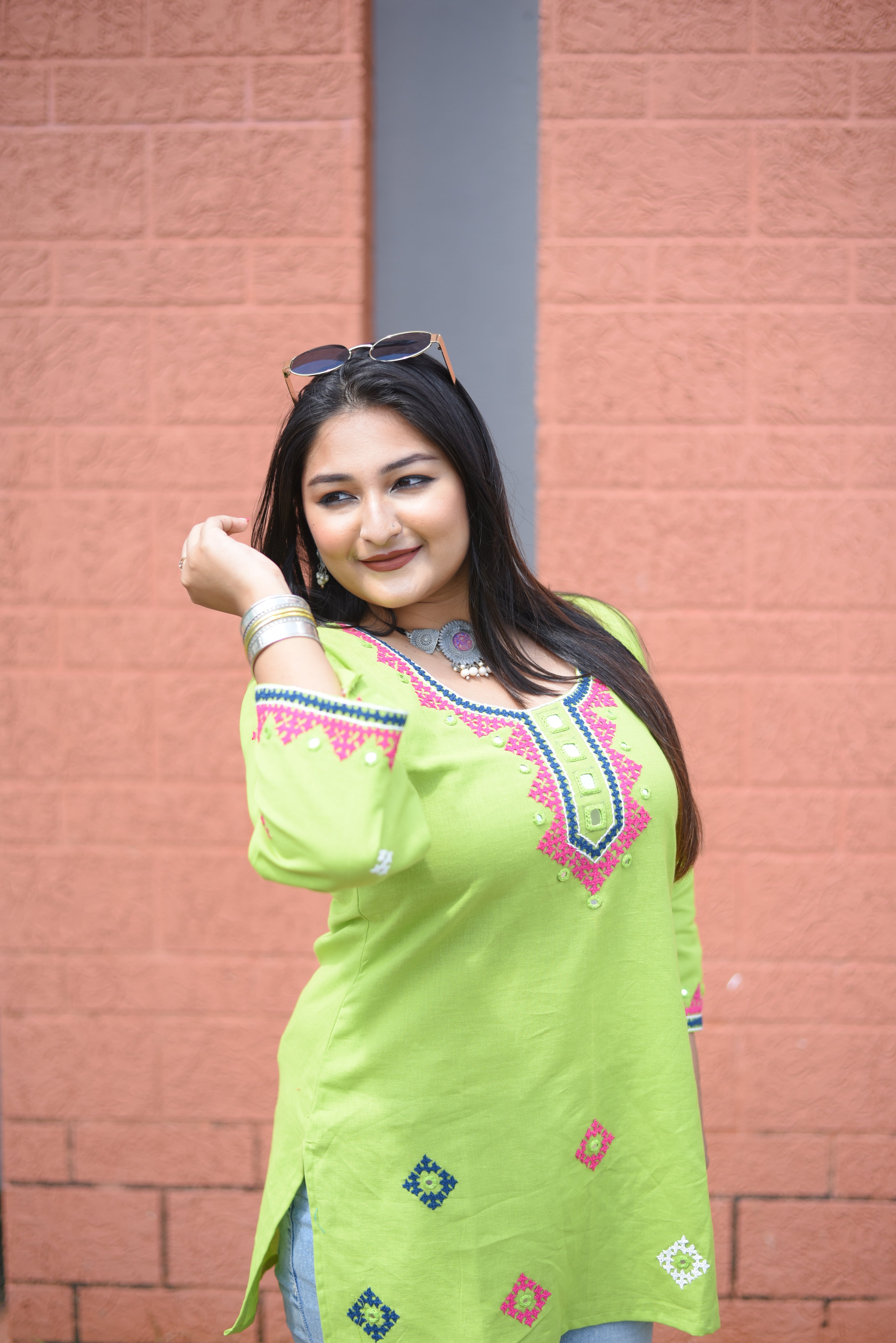 Green Color Kutch Hand Embroidered Mirror Work Kurta