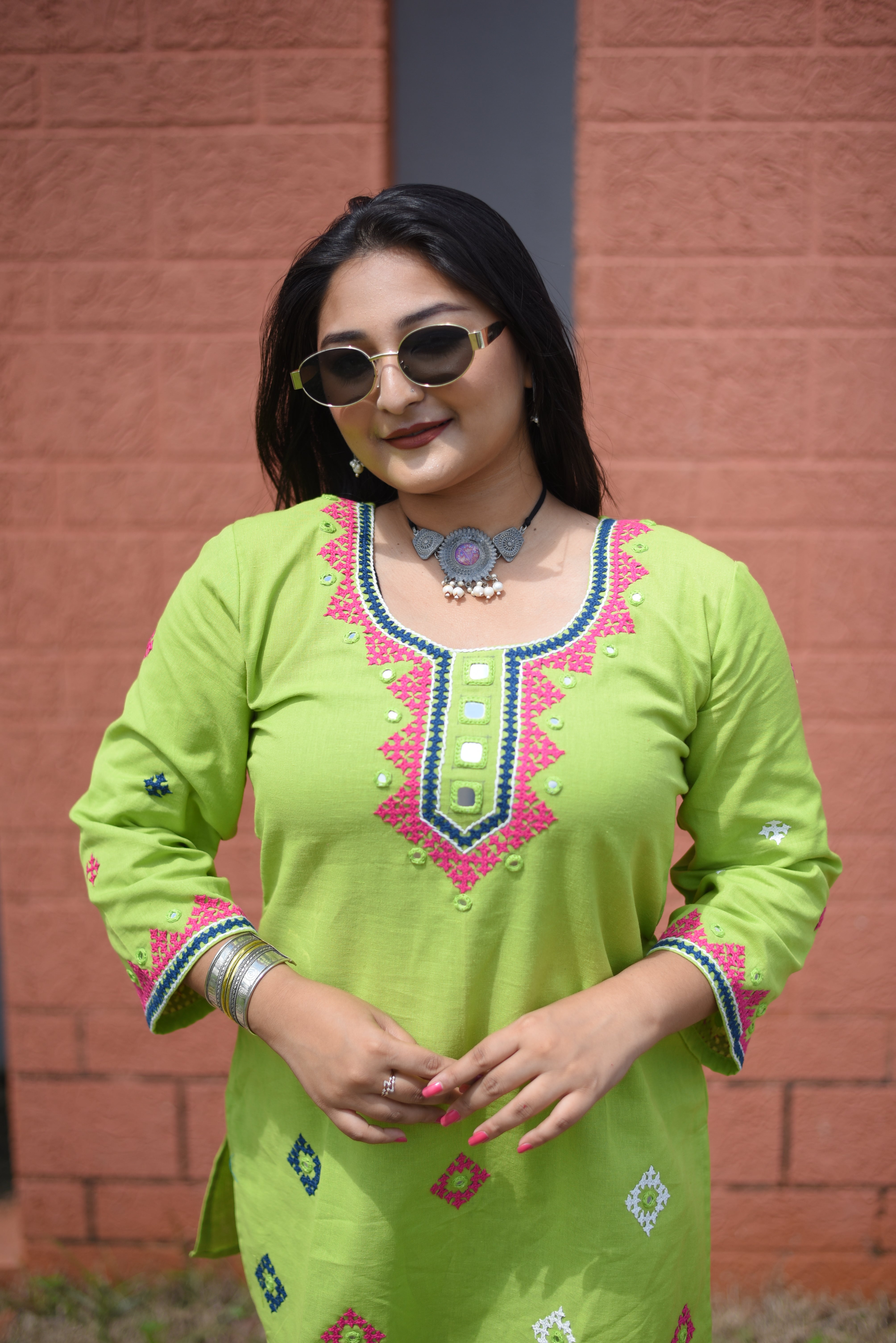Green Color Kutch Hand Embroidered Mirror Work Kurta