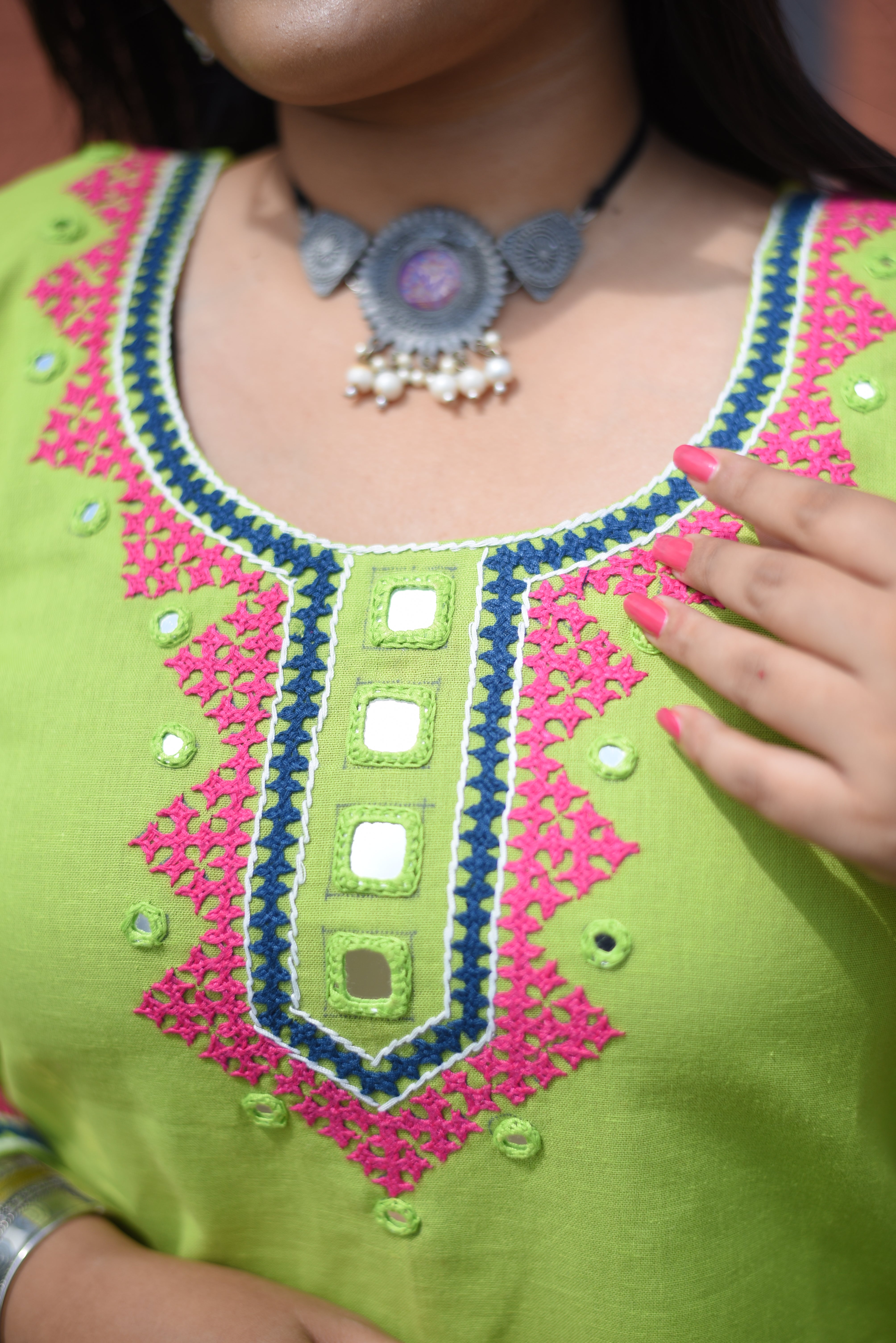 Green Color Kutch Hand Embroidered Mirror Work Kurta