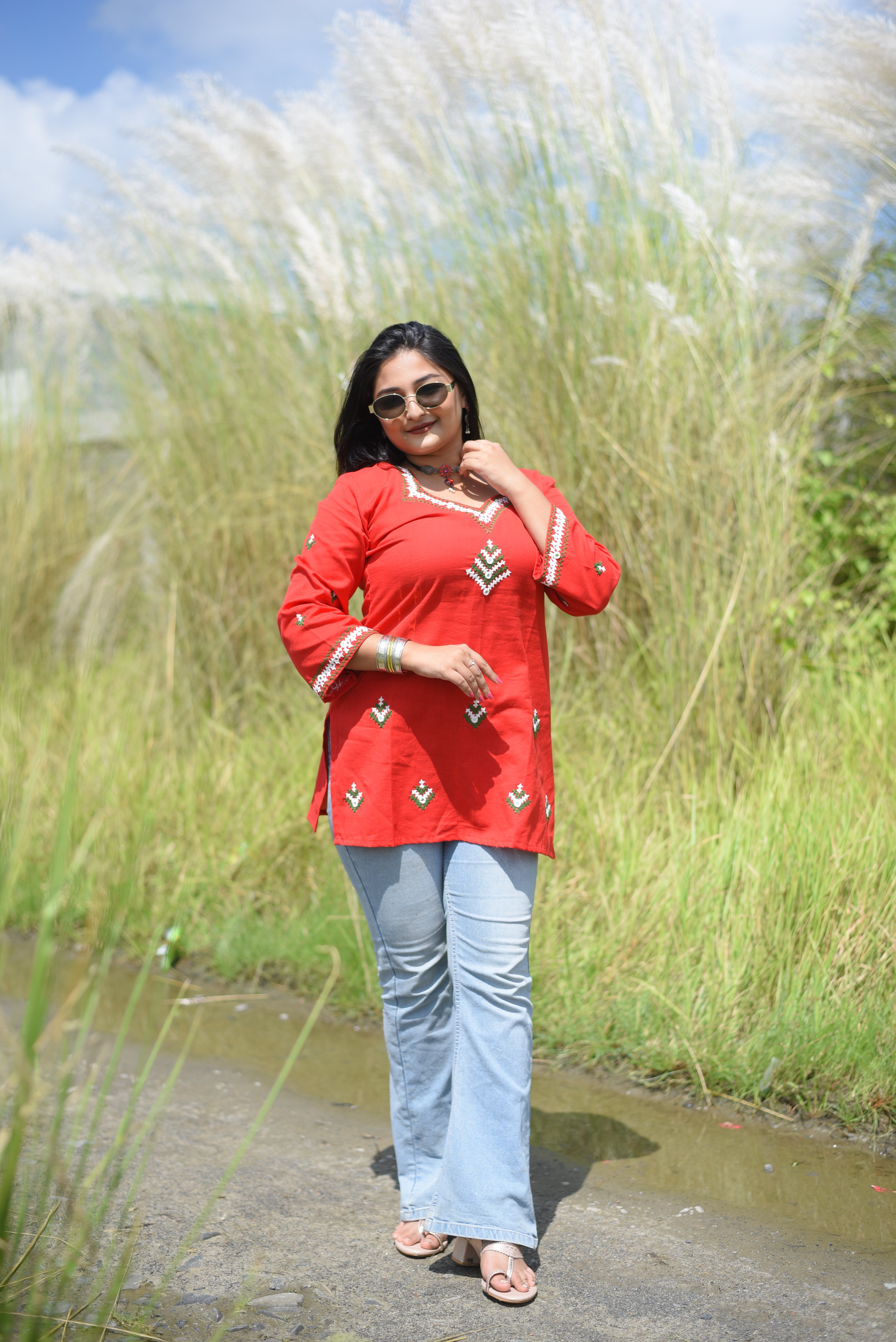 Red Hand Embroidered Kutch Work Short Kurti