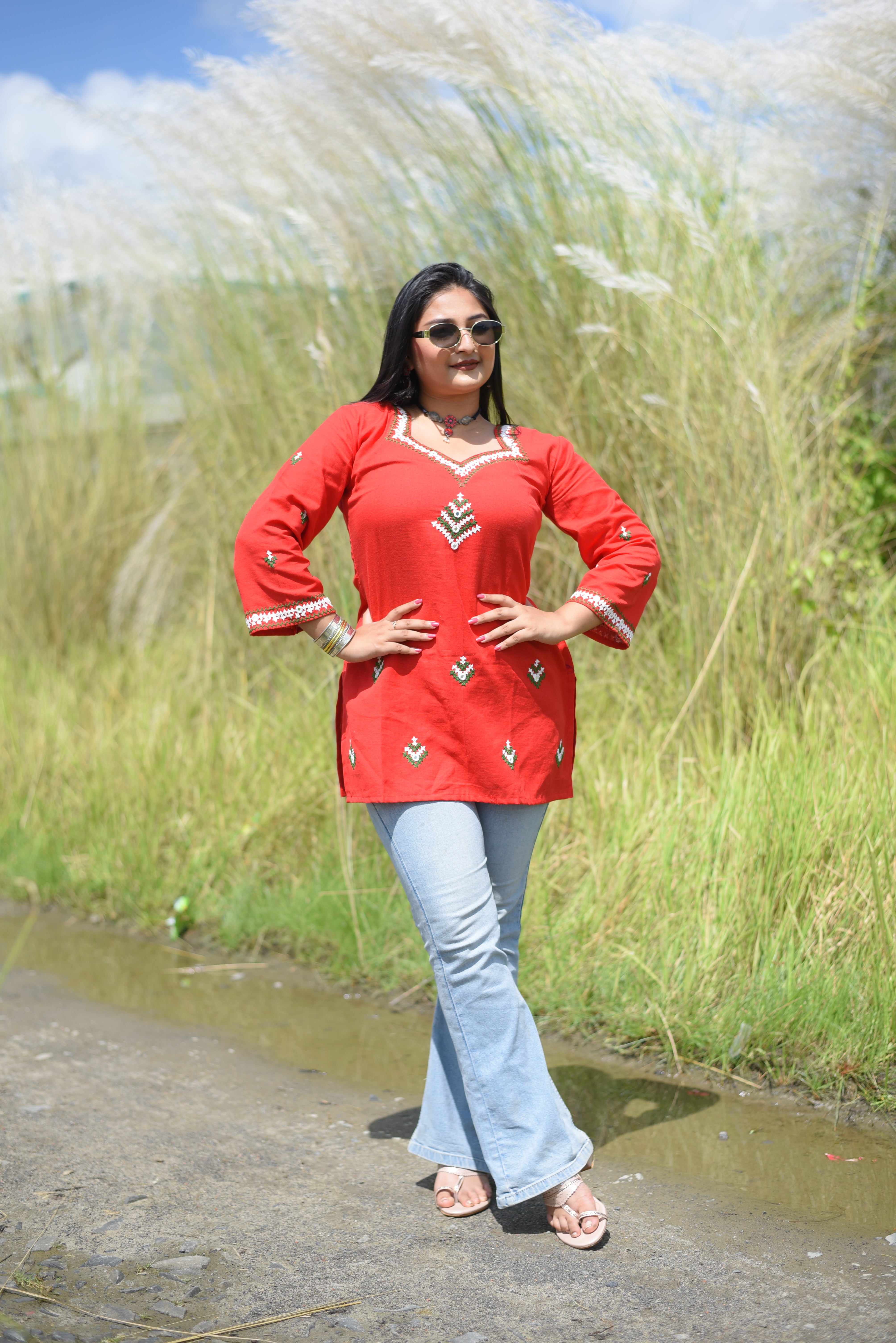Red Hand Embroidered Kutch Work Short Kurti