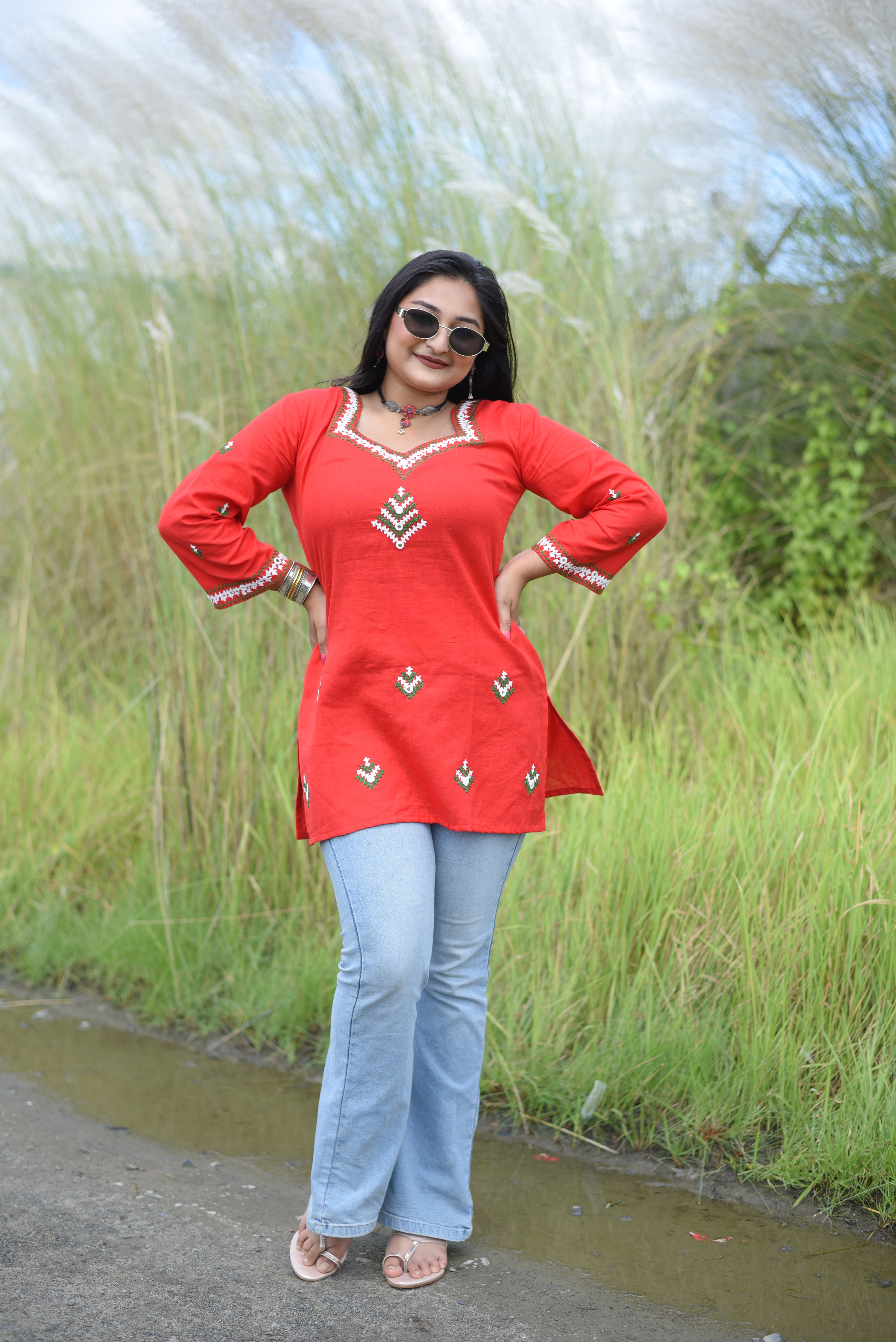 Red Hand Embroidered Kutch Work Short Kurti