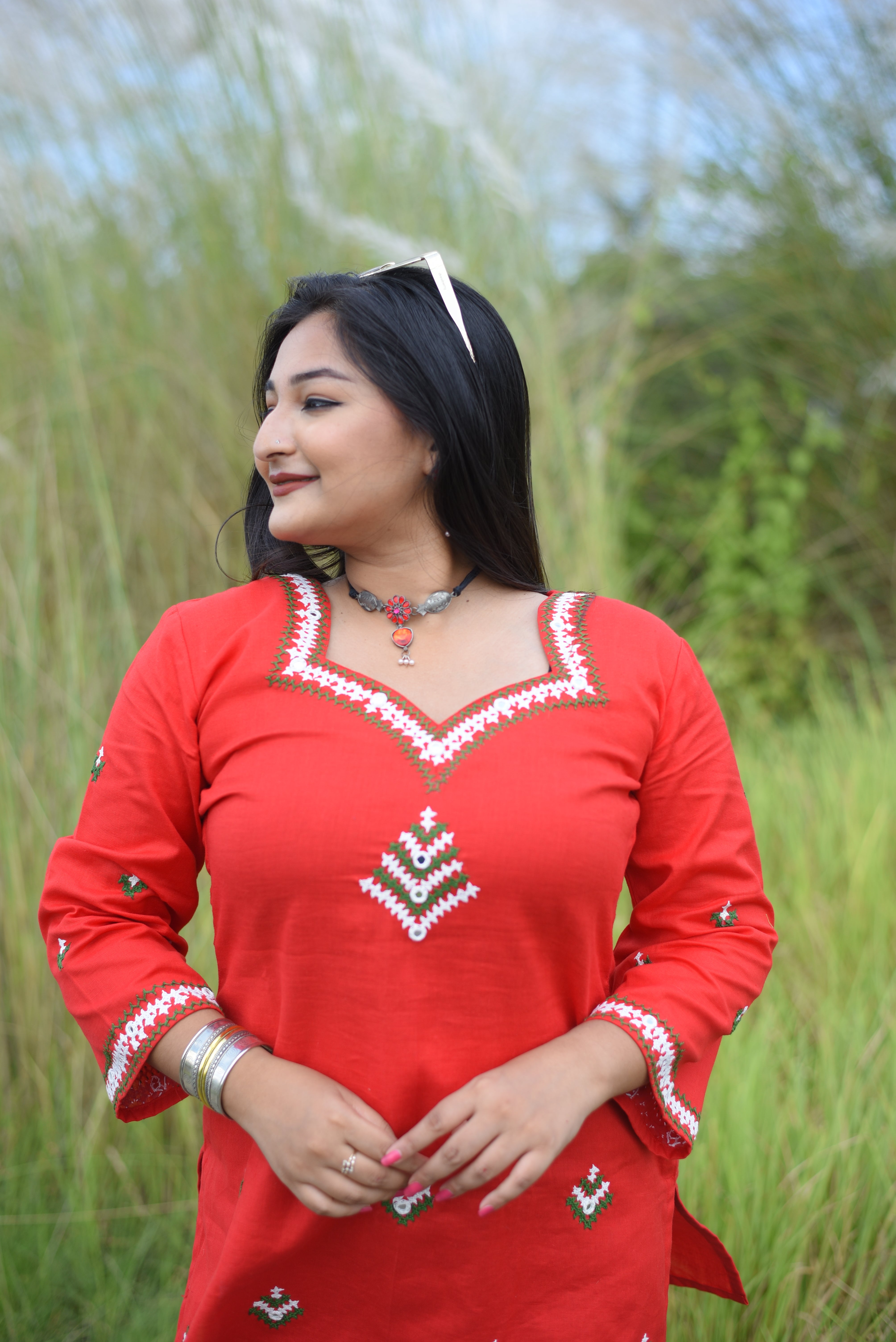 Red Hand Embroidered Kutch Work Short Kurti