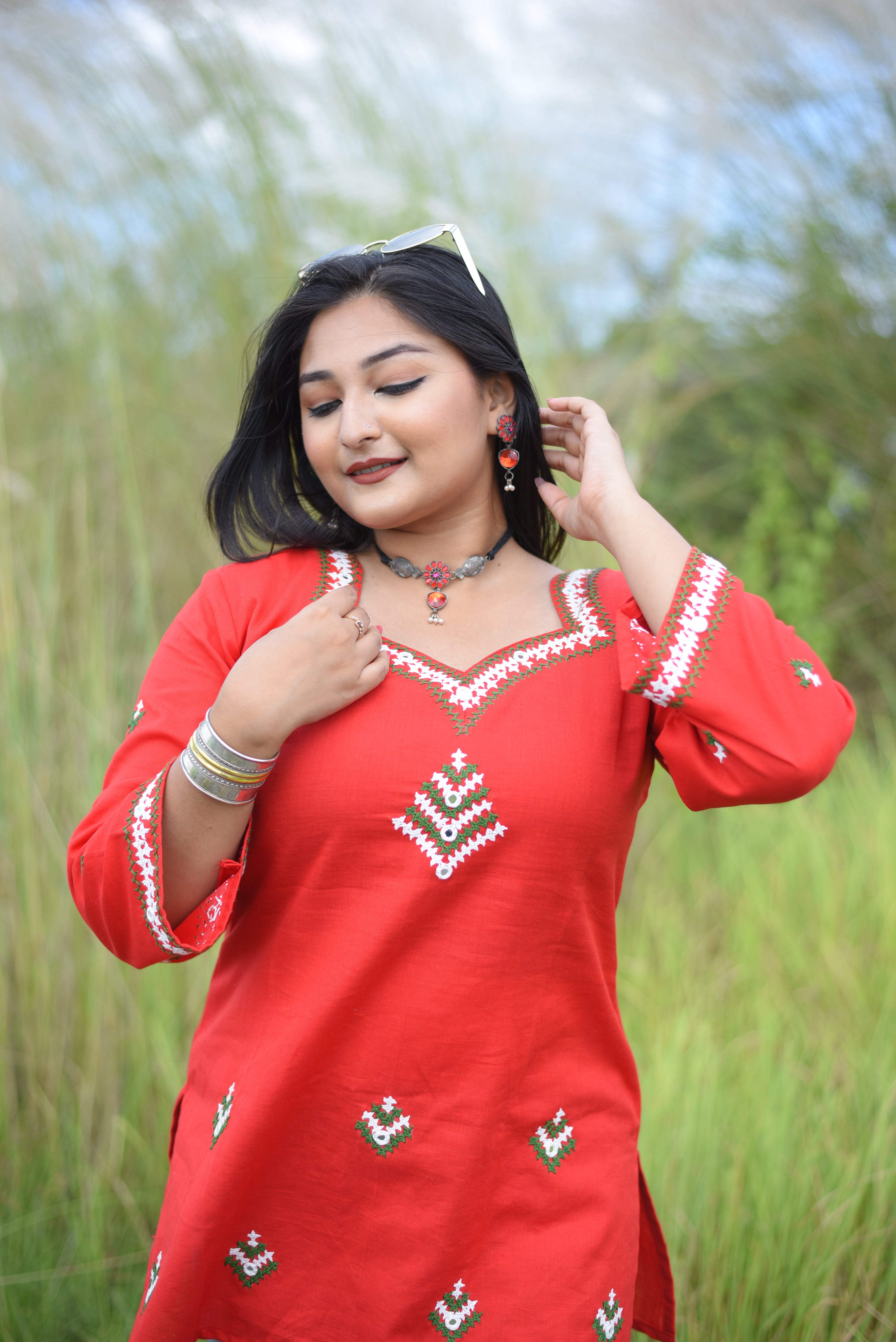 Red Hand Embroidered Kutch Work Short Kurti