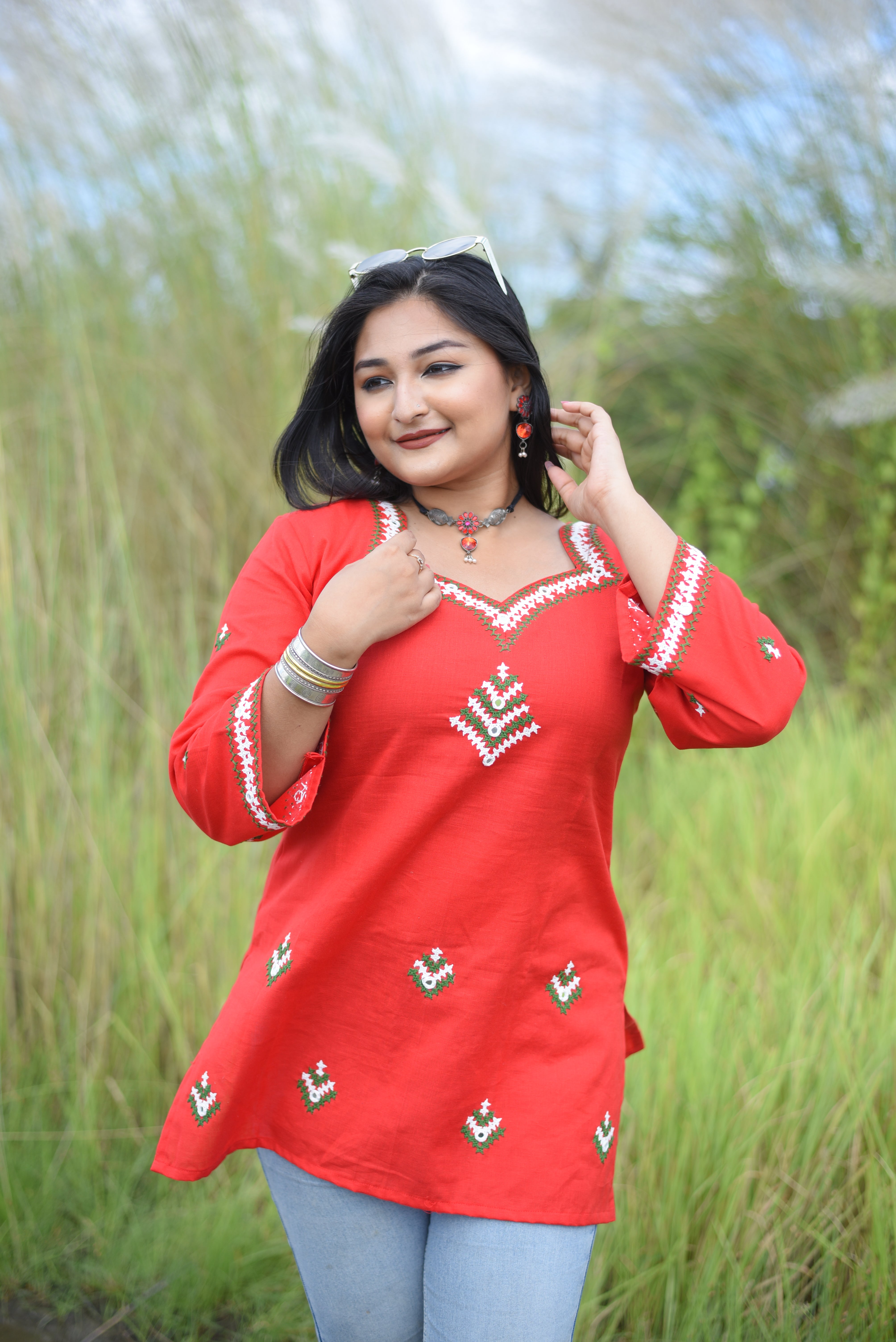 Red Hand Embroidered Kutch Work Short Kurti