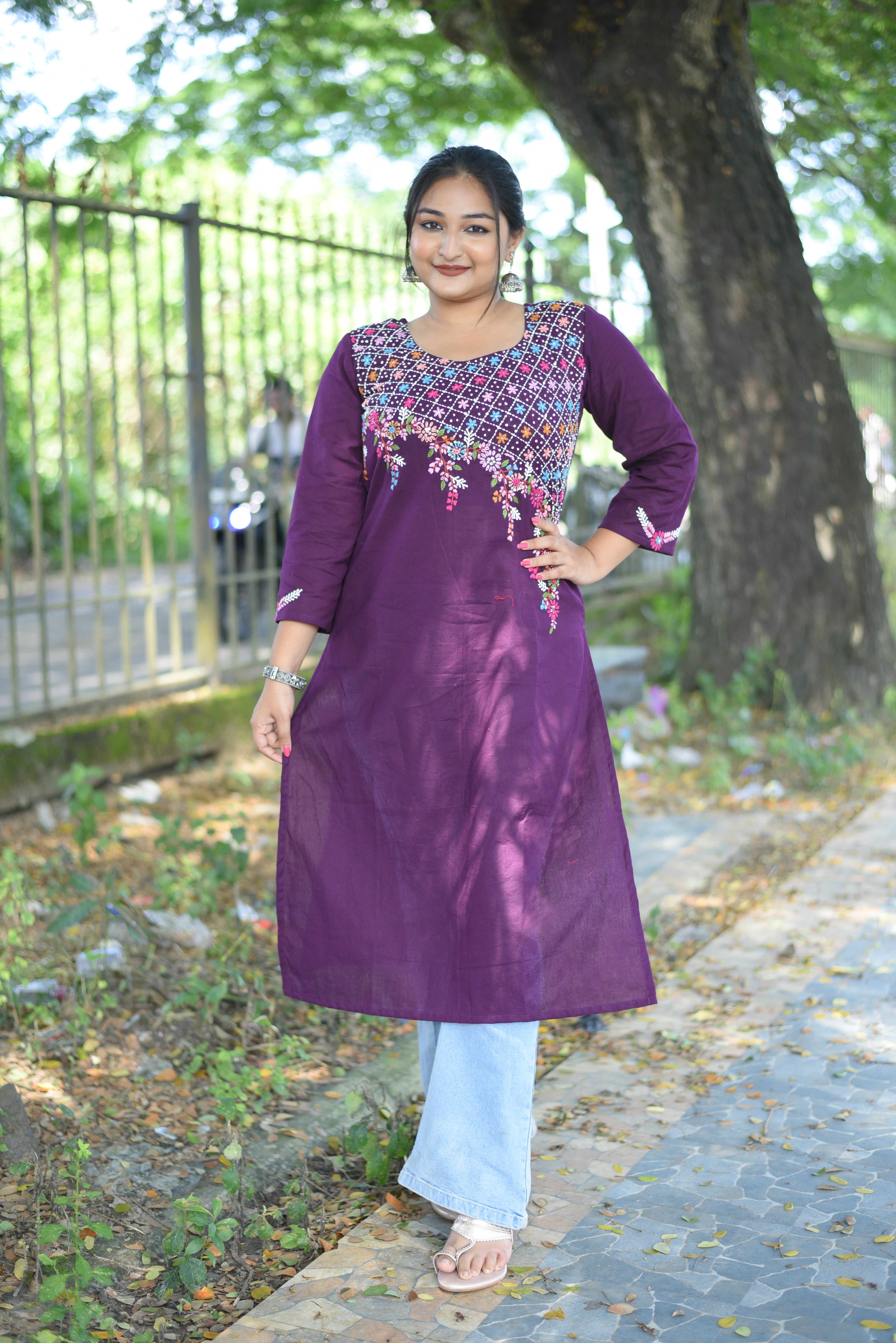 Plum Color Hand Embroidered Cotton Kurta