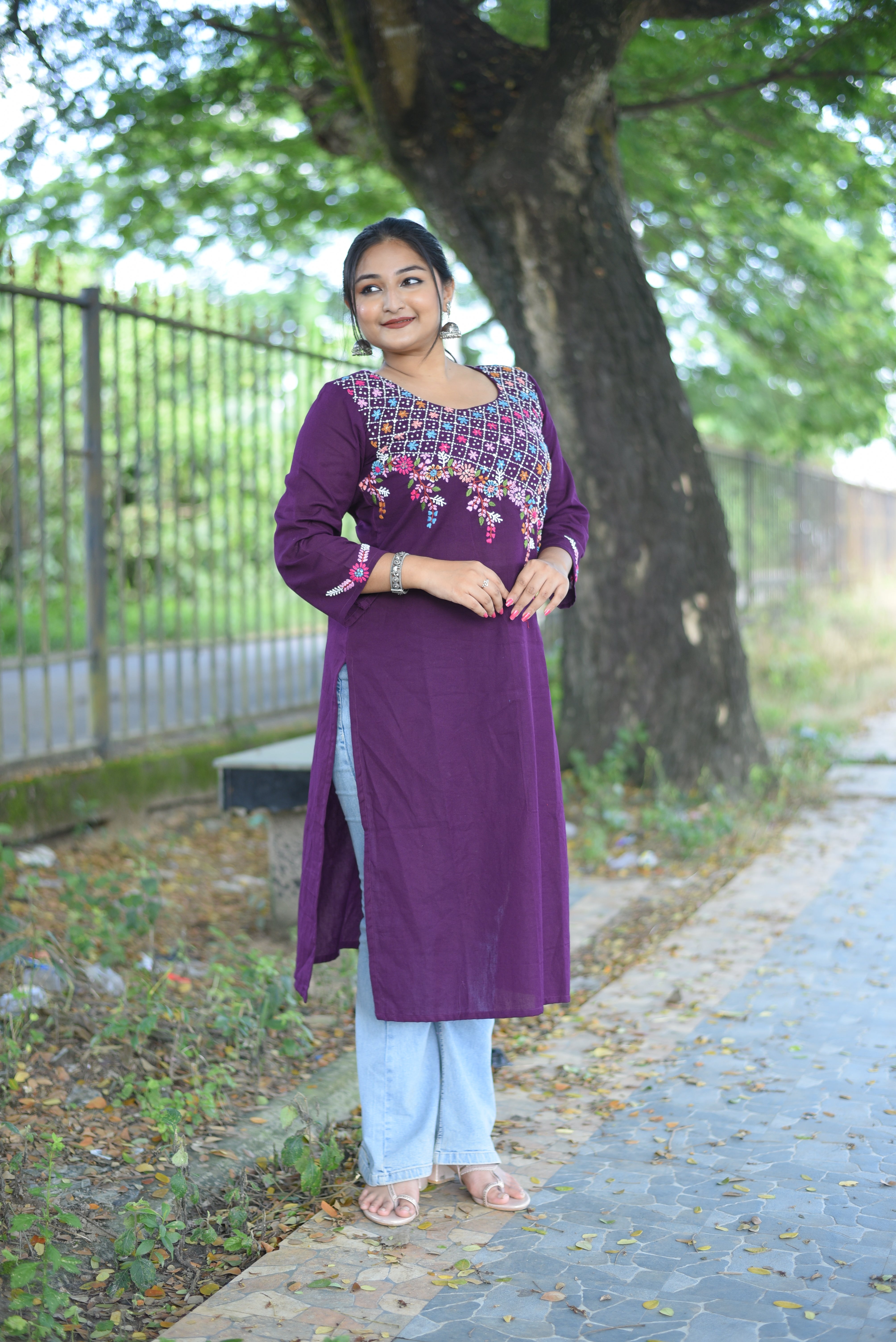 Plum Color Hand Embroidered Cotton Kurta