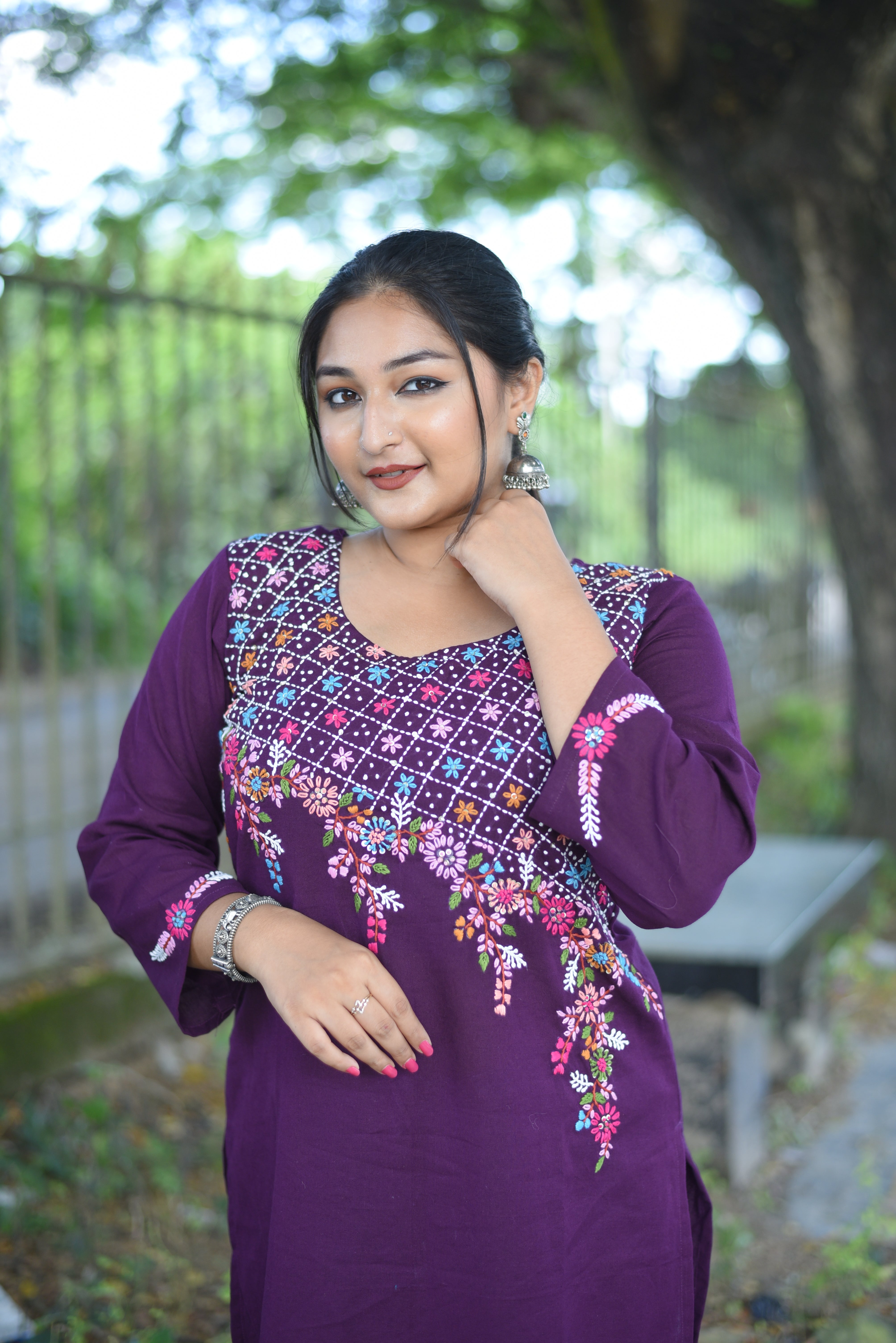 Plum Color Hand Embroidered Cotton Kurta