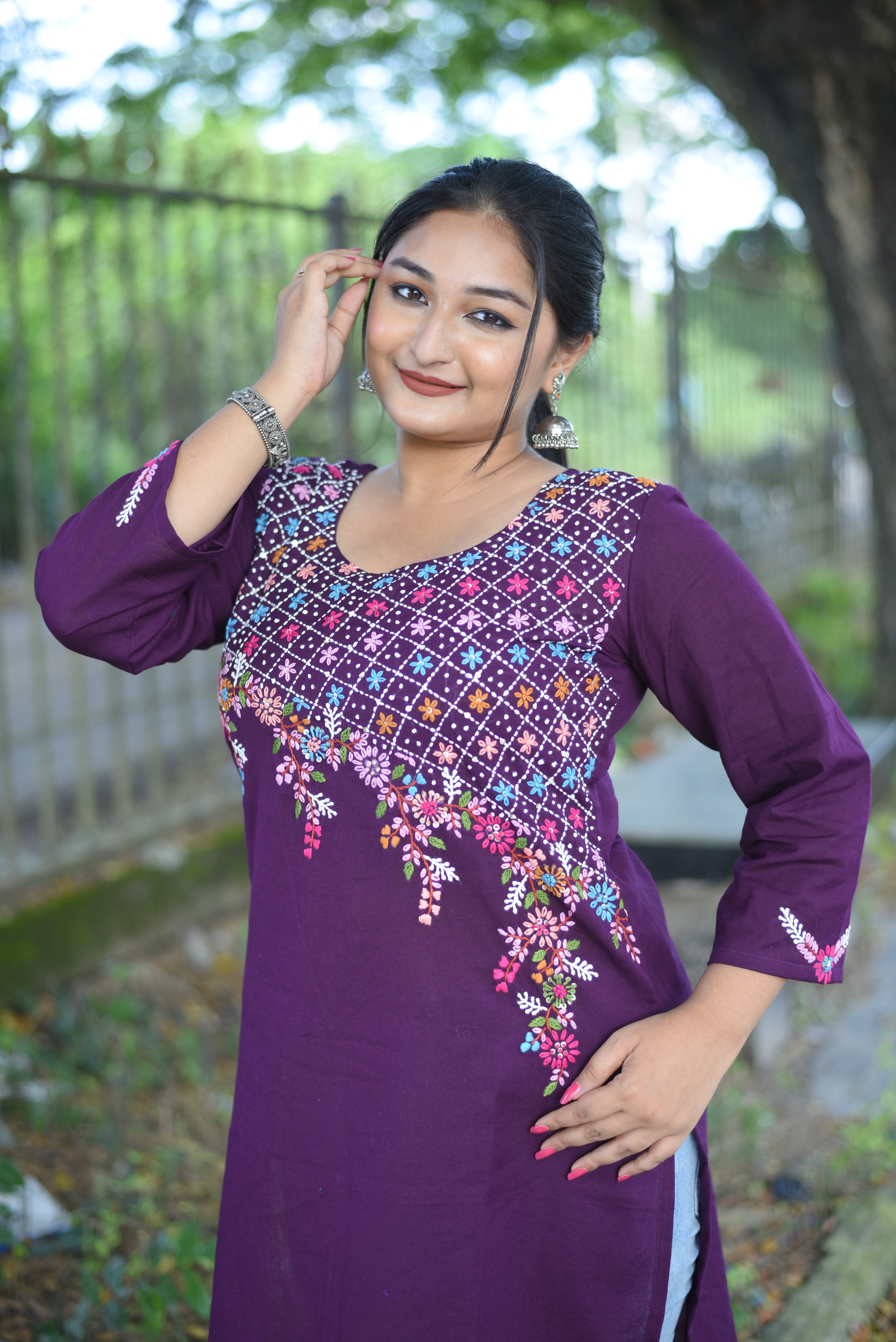 Plum Color Hand Embroidered Cotton Kurta