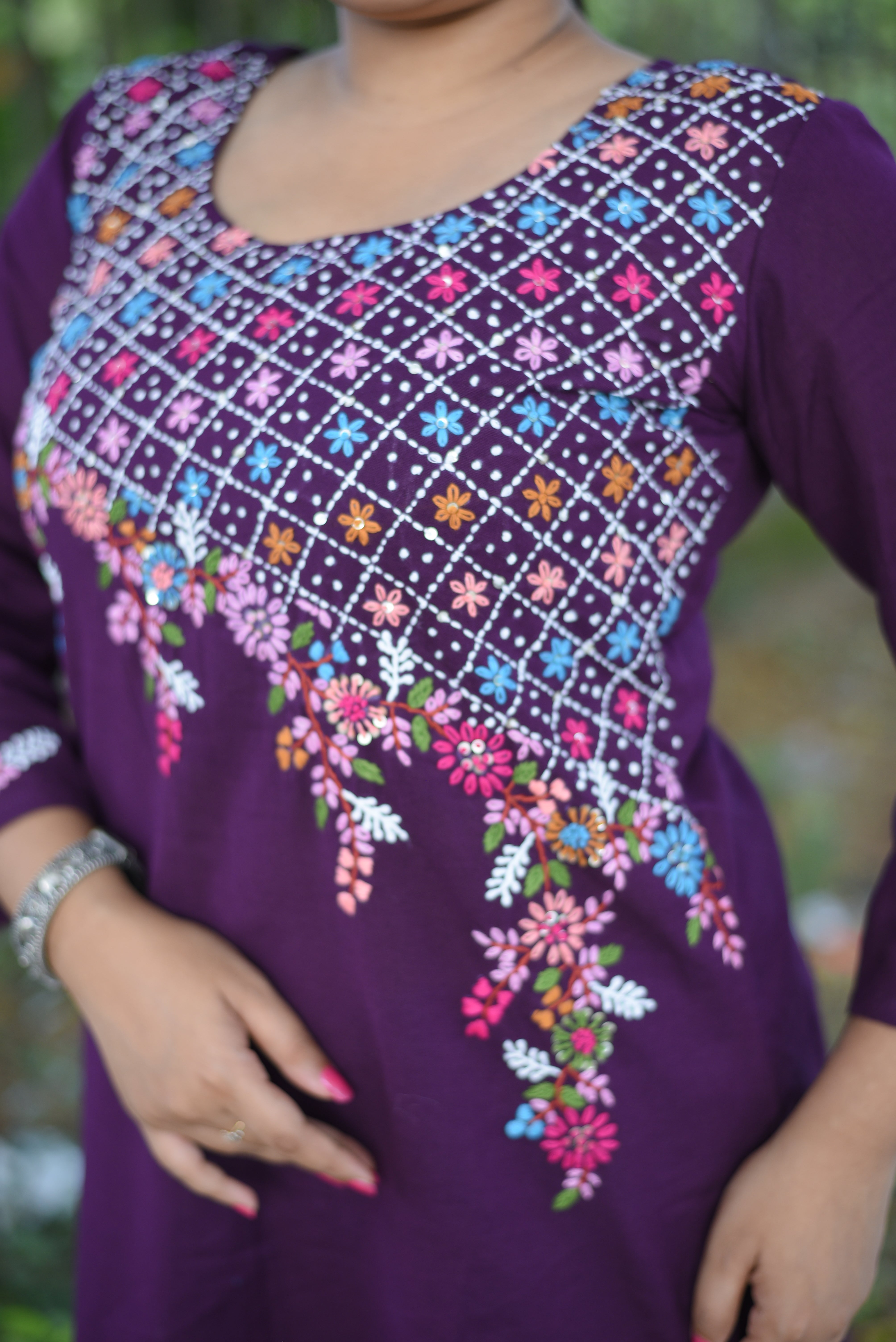 Plum Color Hand Embroidered Cotton Kurta