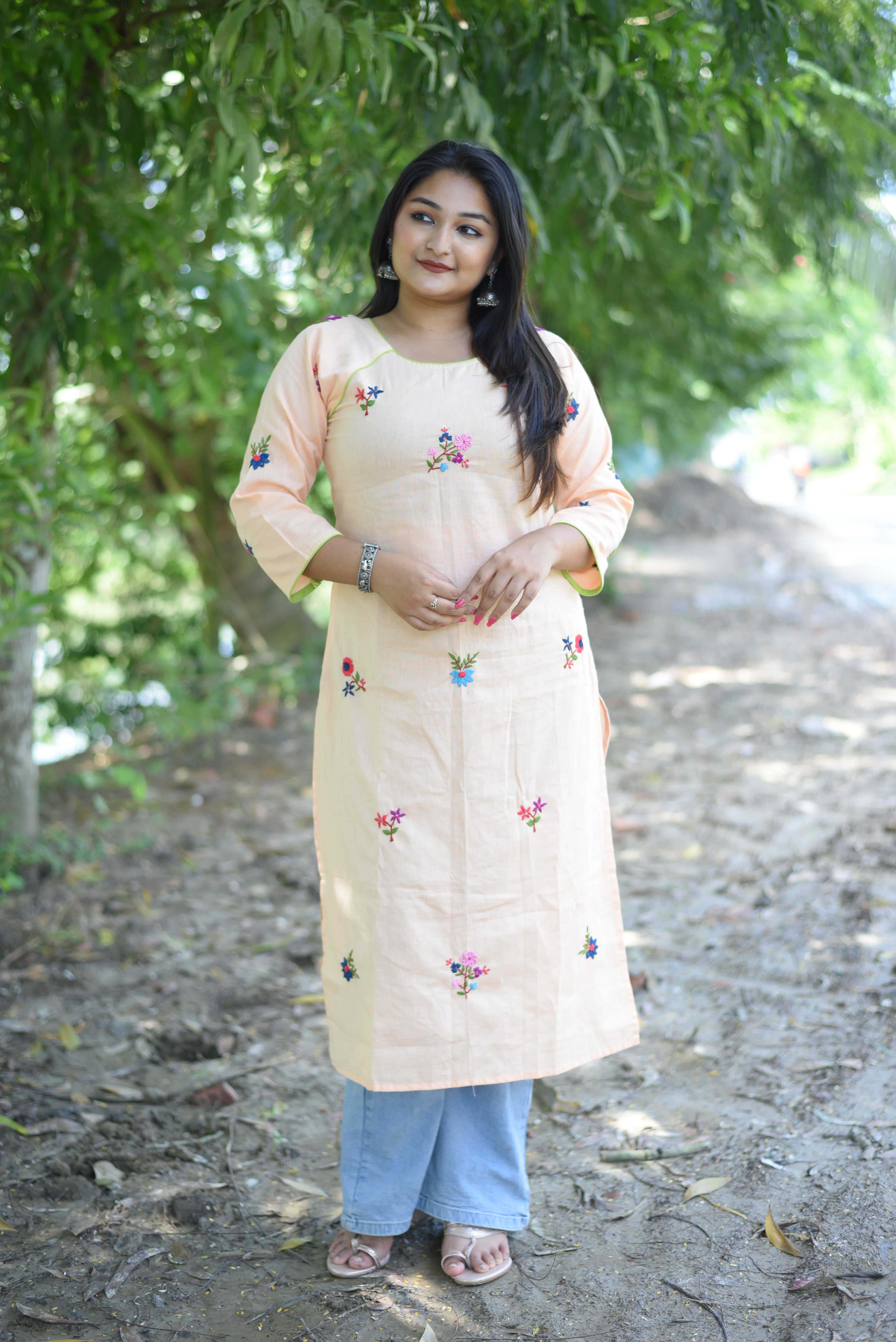 Peach Color Hand Embroidery Kurta