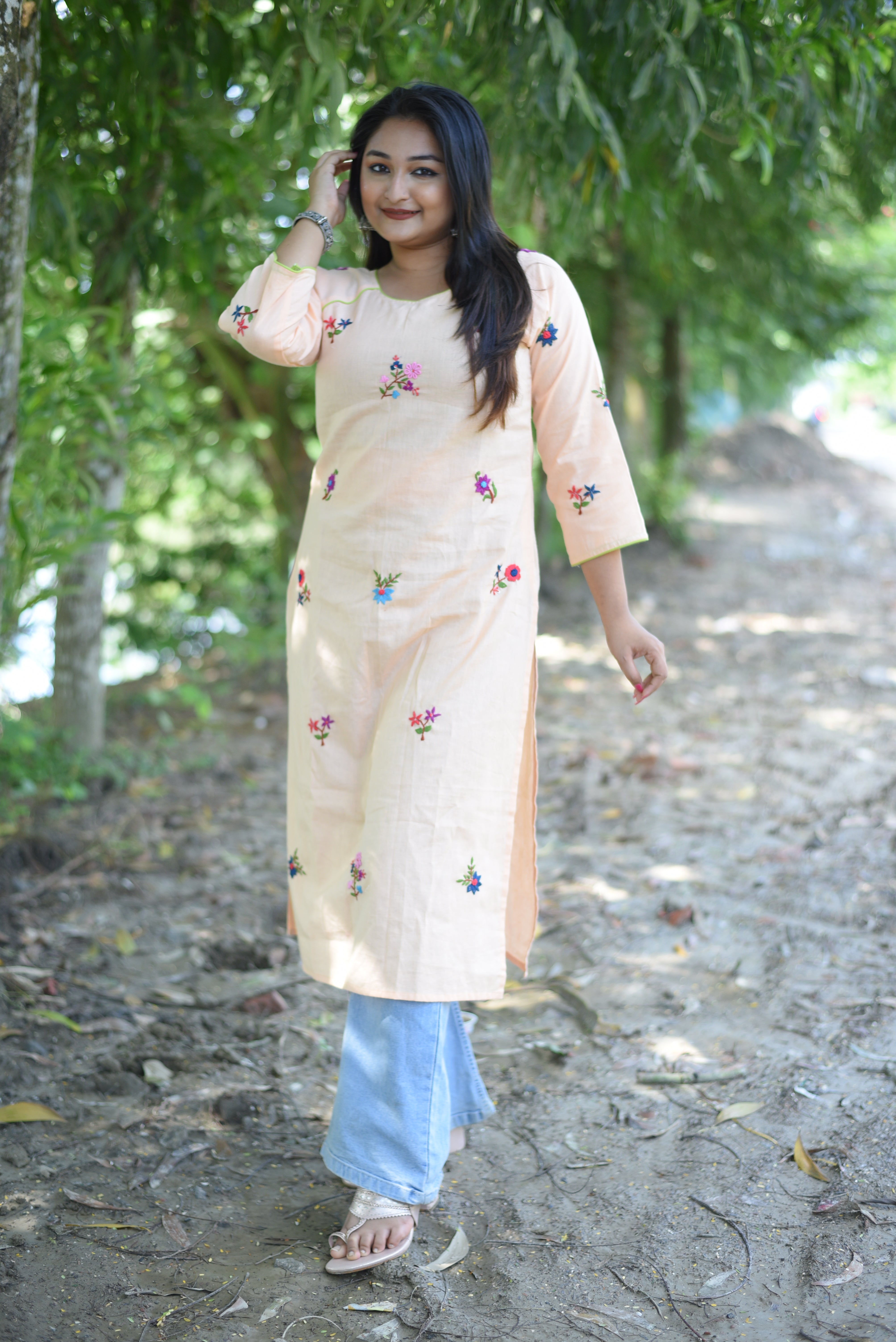 Peach Color Hand Embroidery Kurta