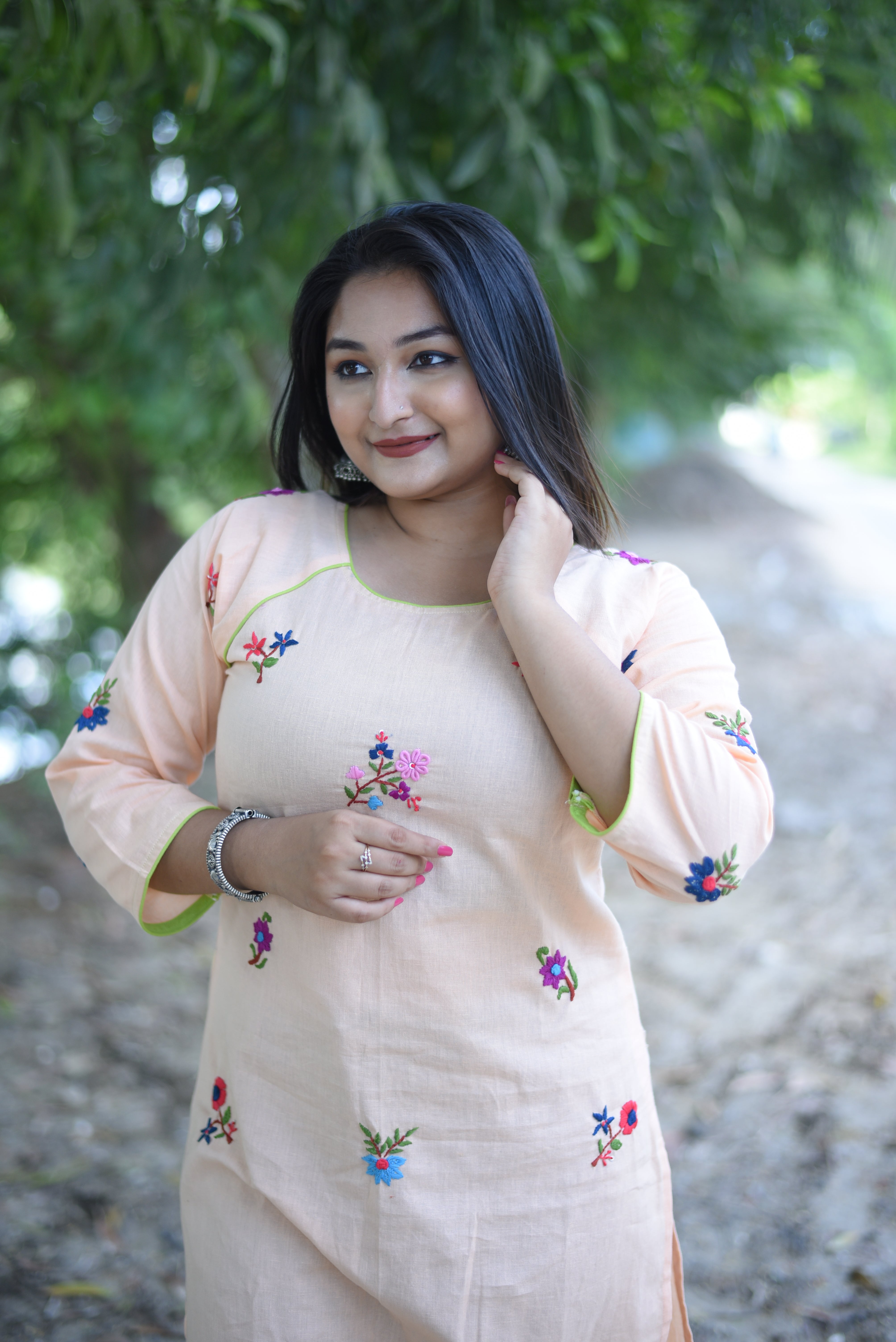 Peach Color Hand Embroidery Kurta