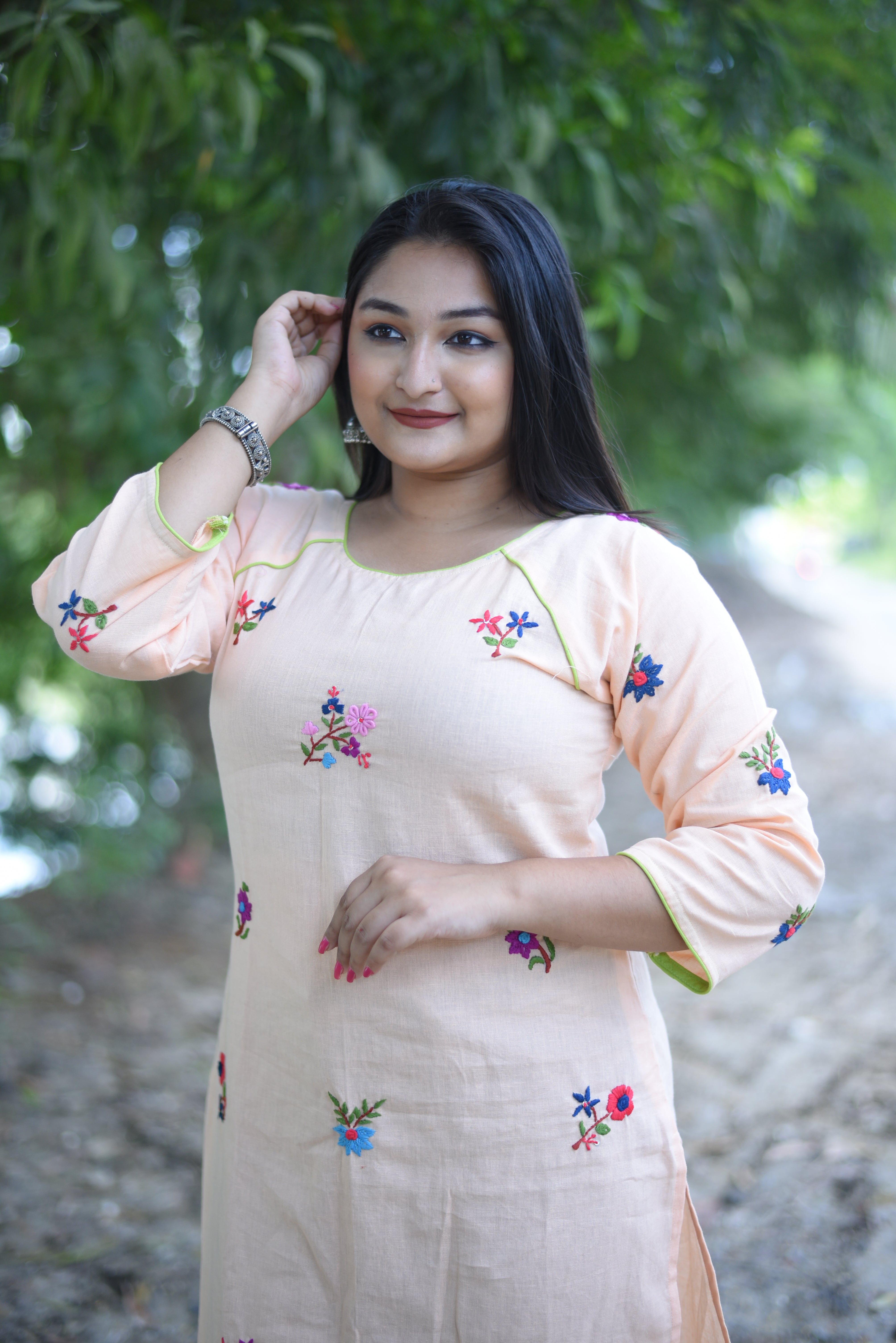 Peach Color Hand Embroidery Kurta