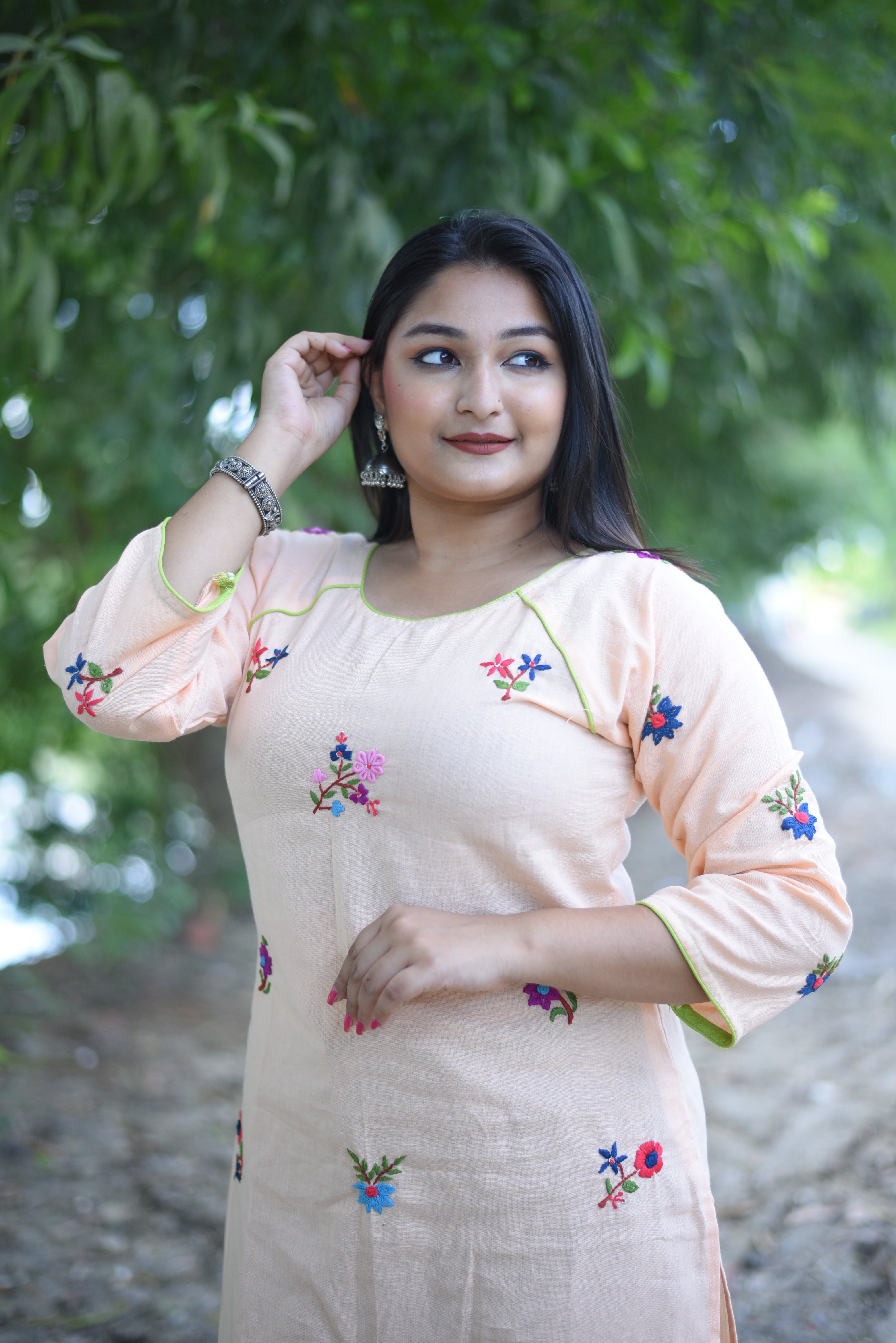 Peach Color Hand Embroidery Kurta