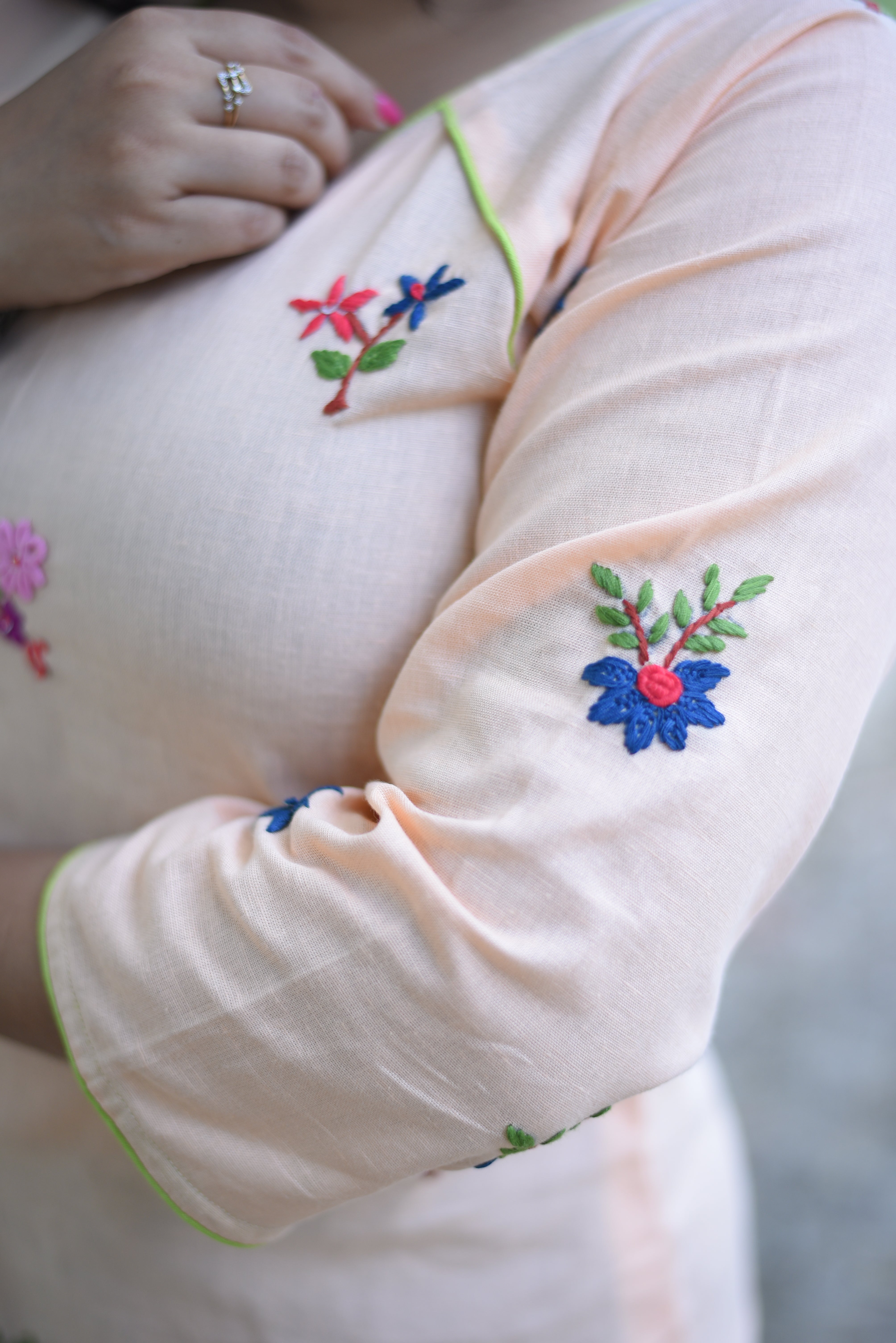 Peach Color Hand Embroidery Kurta