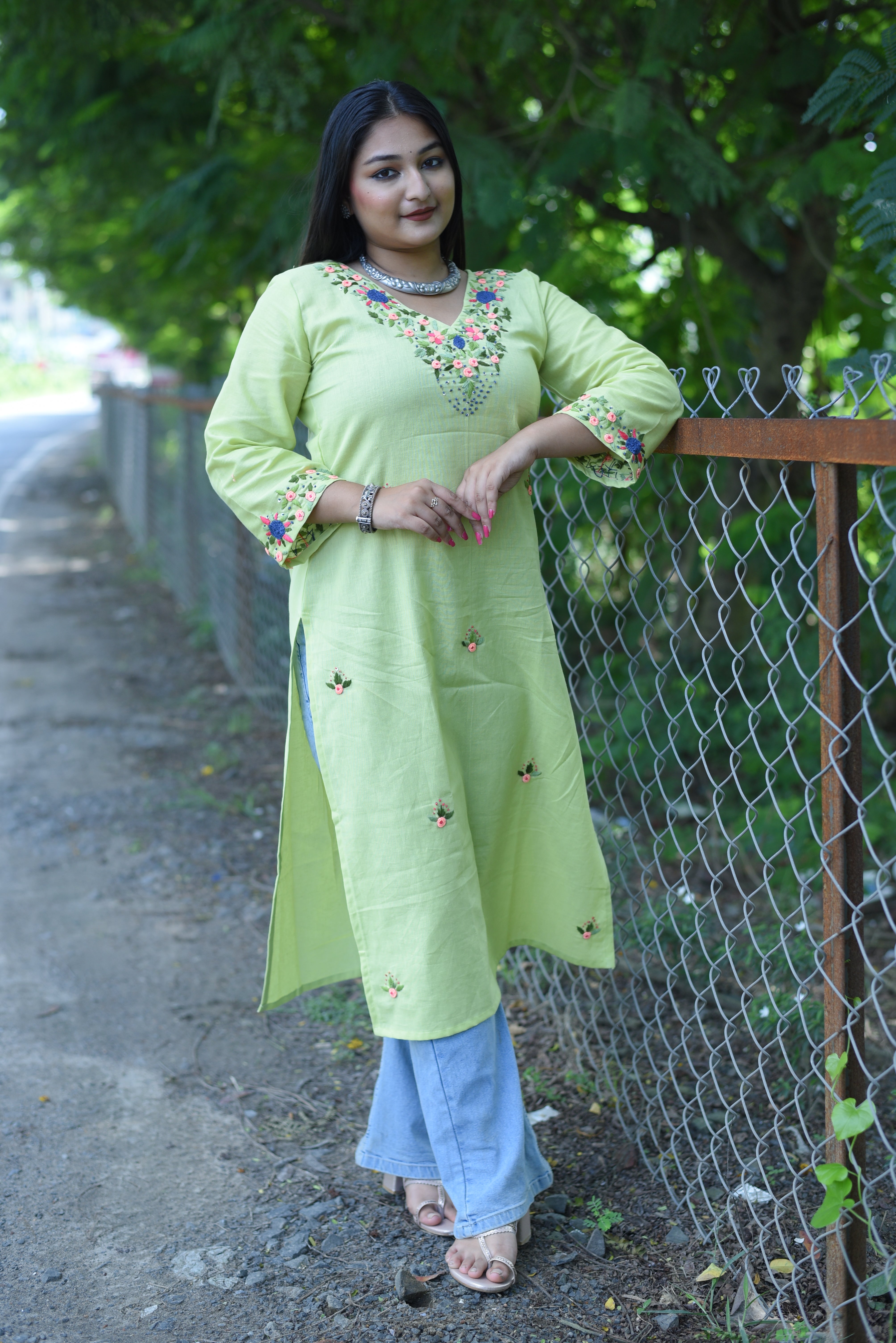 Lemon Green Color Cotton Handwork Kurta