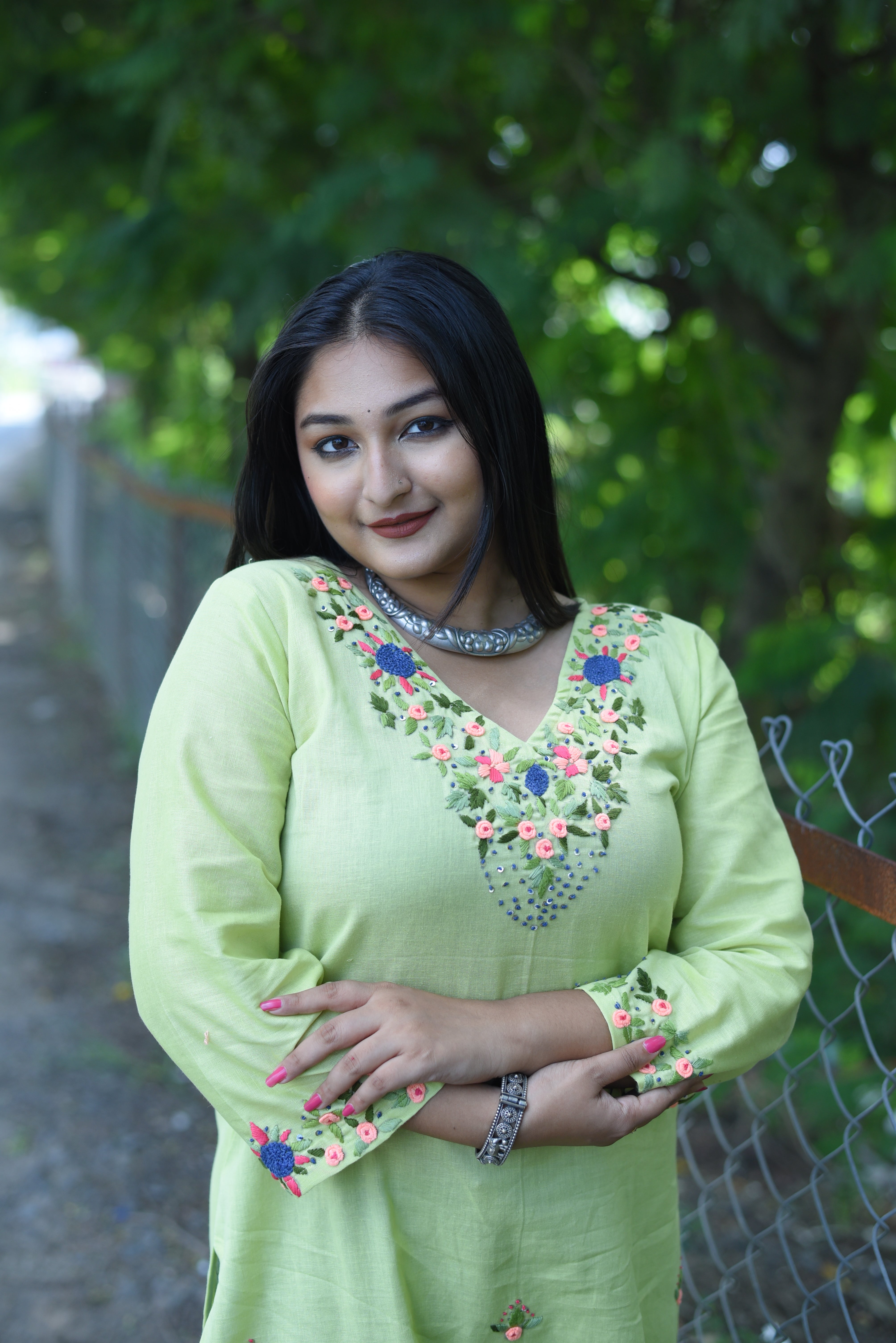 Lemon Green Color Cotton Handwork Kurta