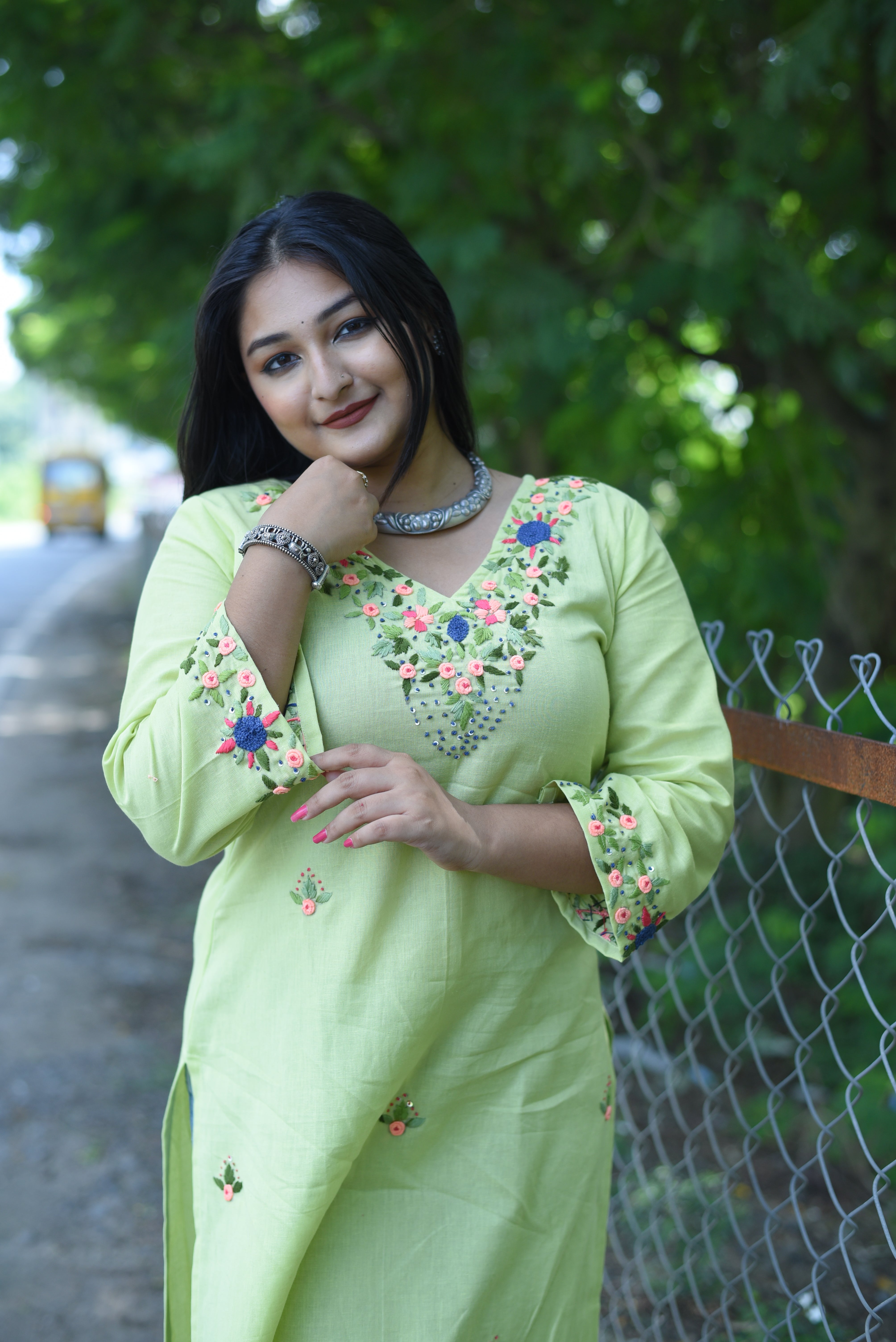 Lemon Green Color Cotton Handwork Kurta