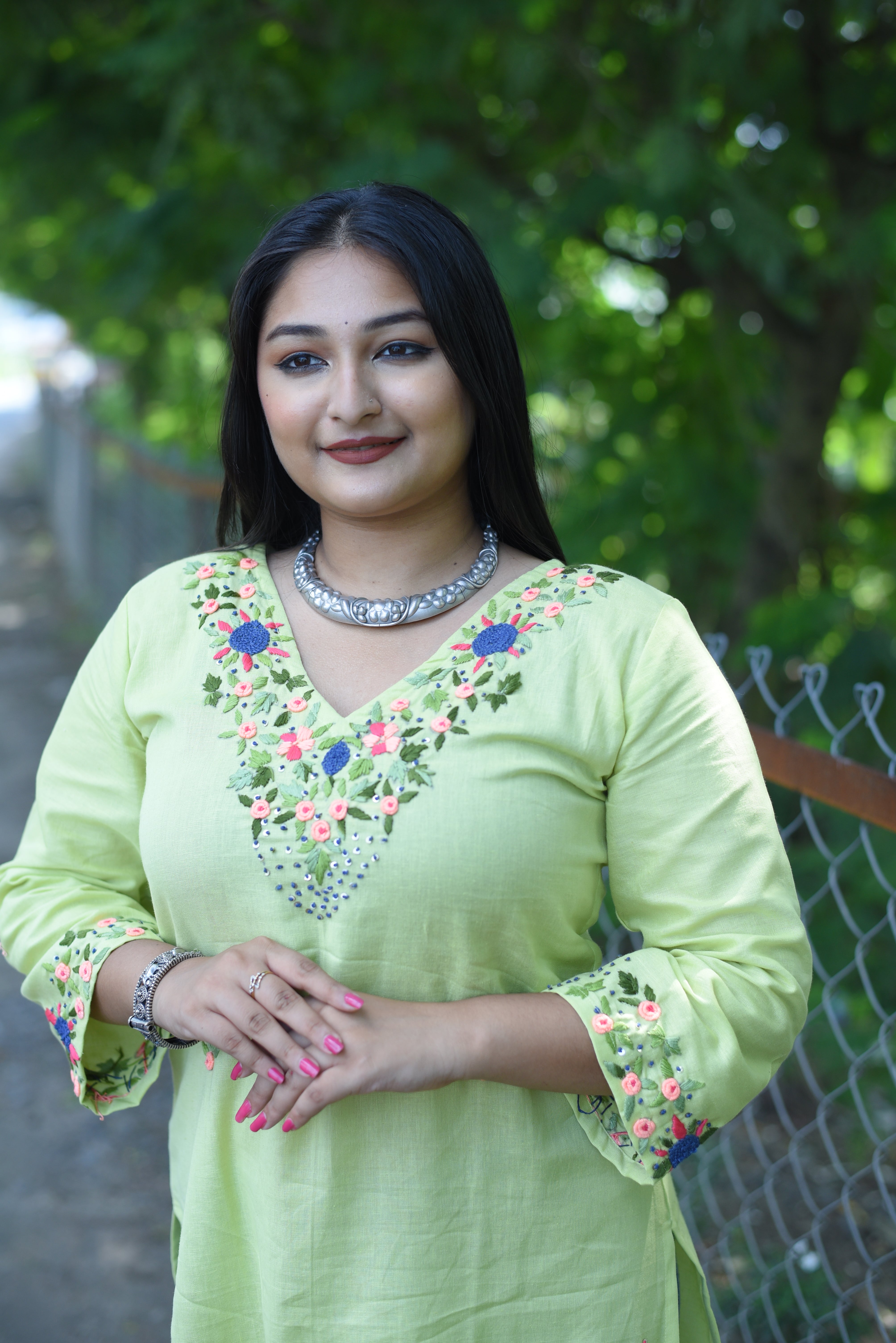 Lemon Green Color Cotton Handwork Kurta