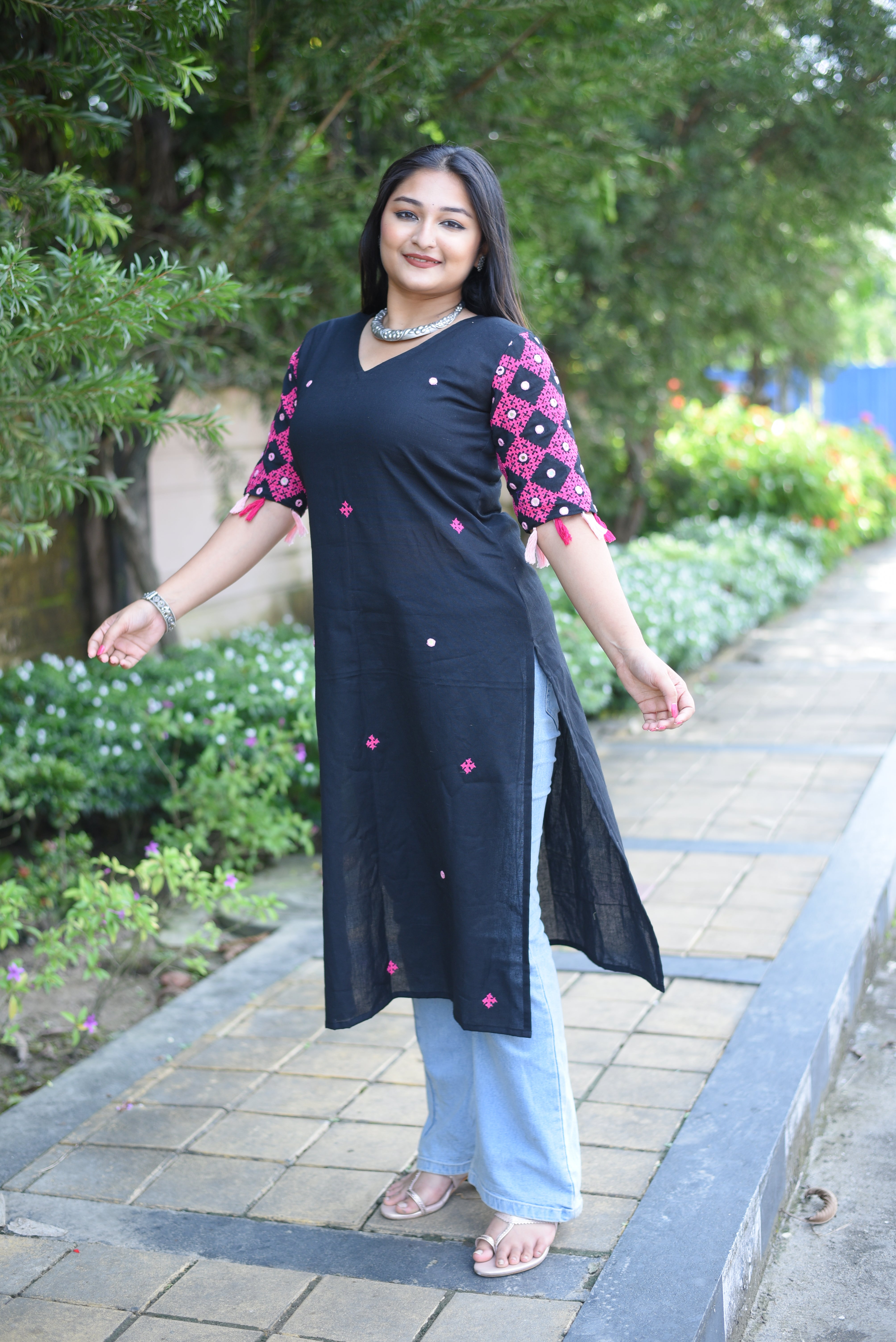 Black  Kutch Hand Embroidered Mirror Work with Hand Tassels Kurta
