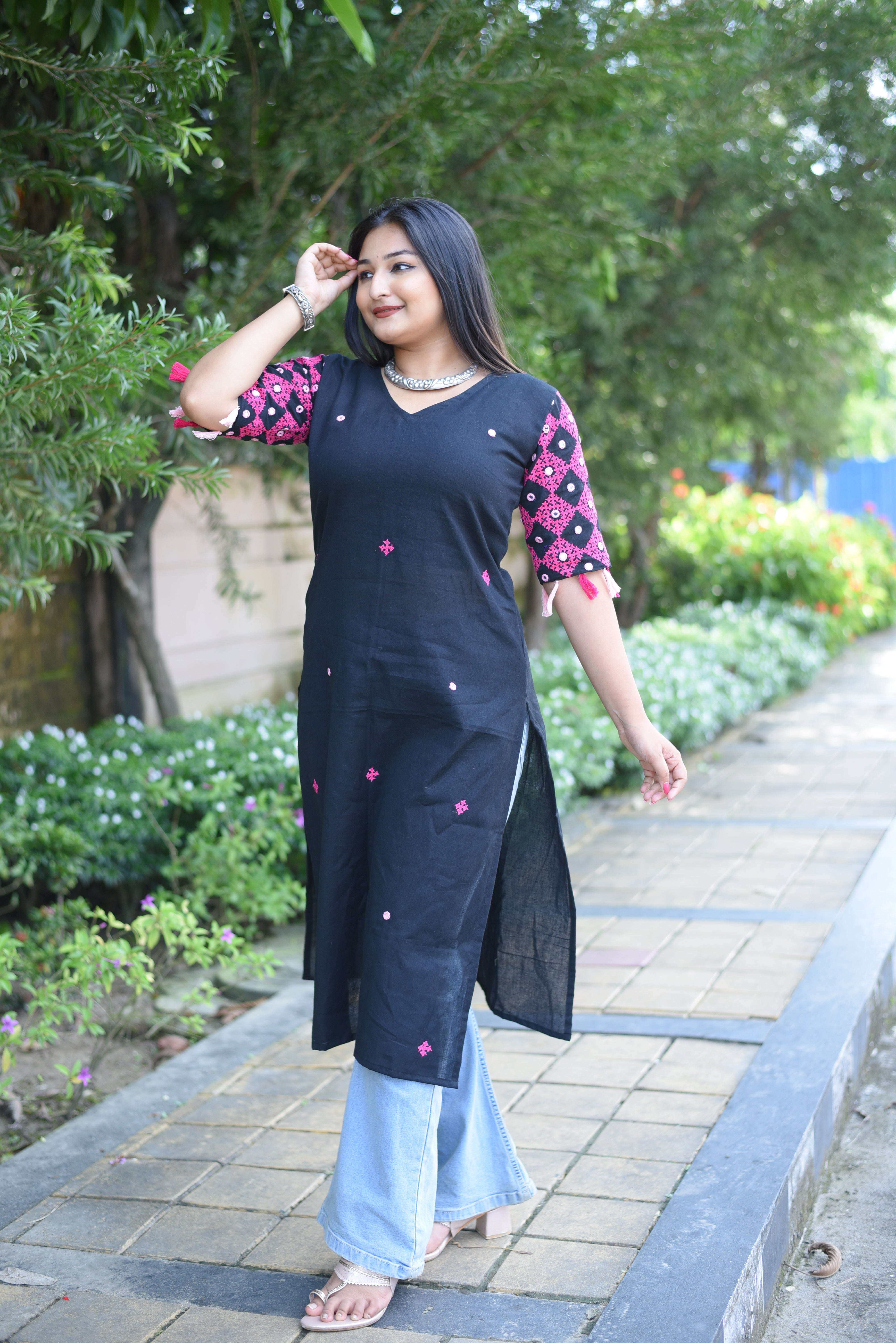 Black  Kutch Hand Embroidered Mirror Work with Hand Tassels Kurta