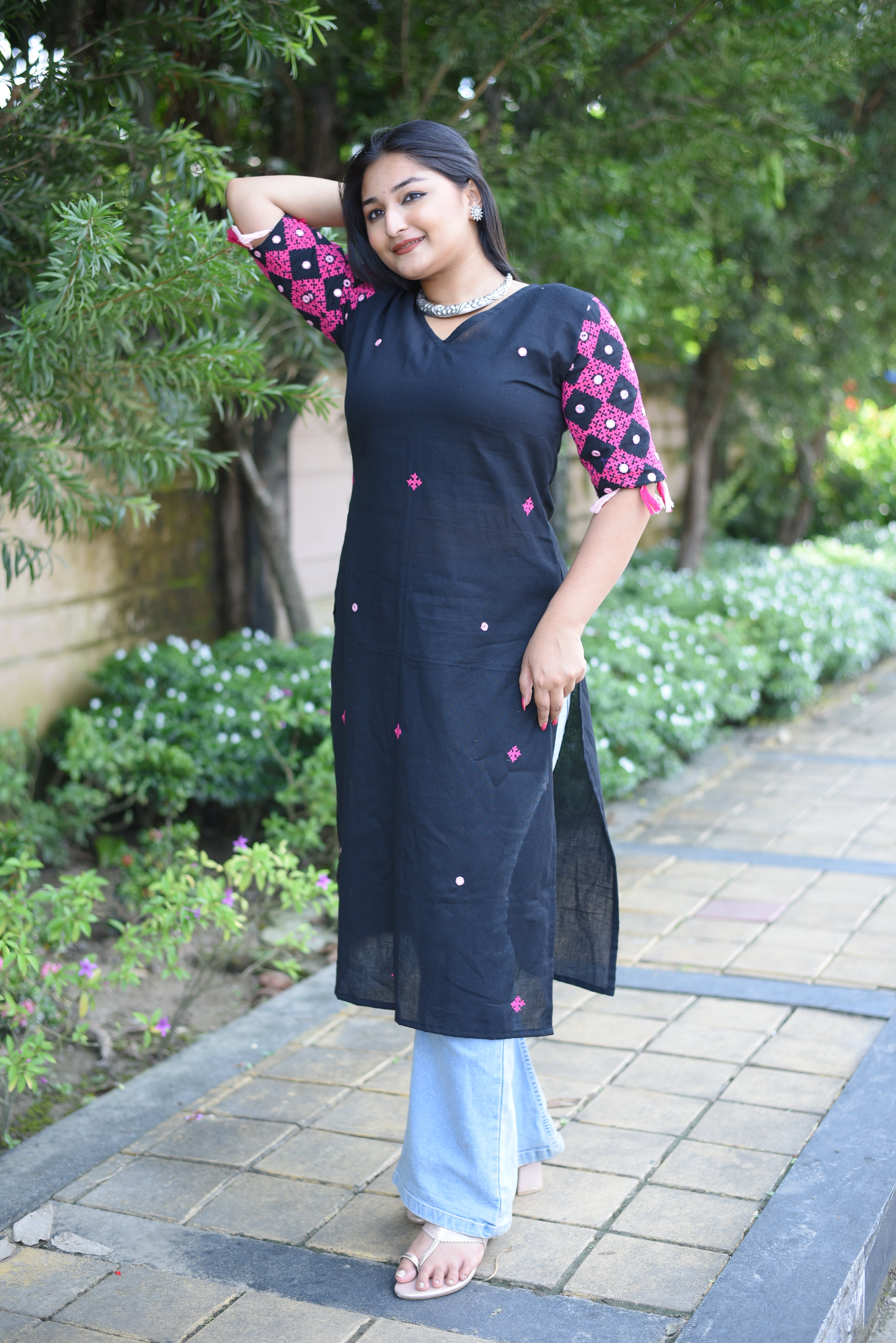 Black  Kutch Hand Embroidered Mirror Work with Hand Tassels Kurta