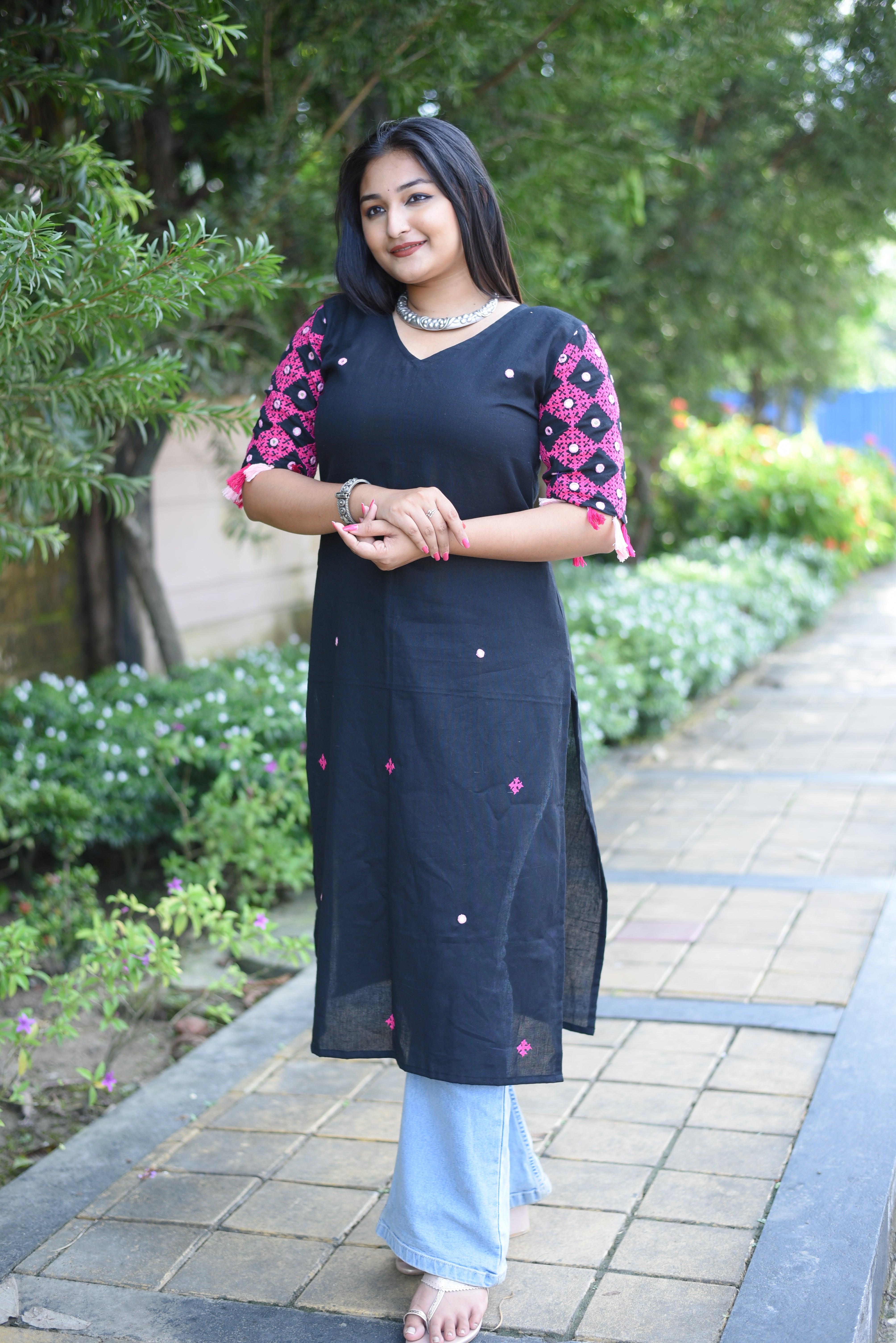 Black  Kutch Hand Embroidered Mirror Work with Hand Tassels Kurta