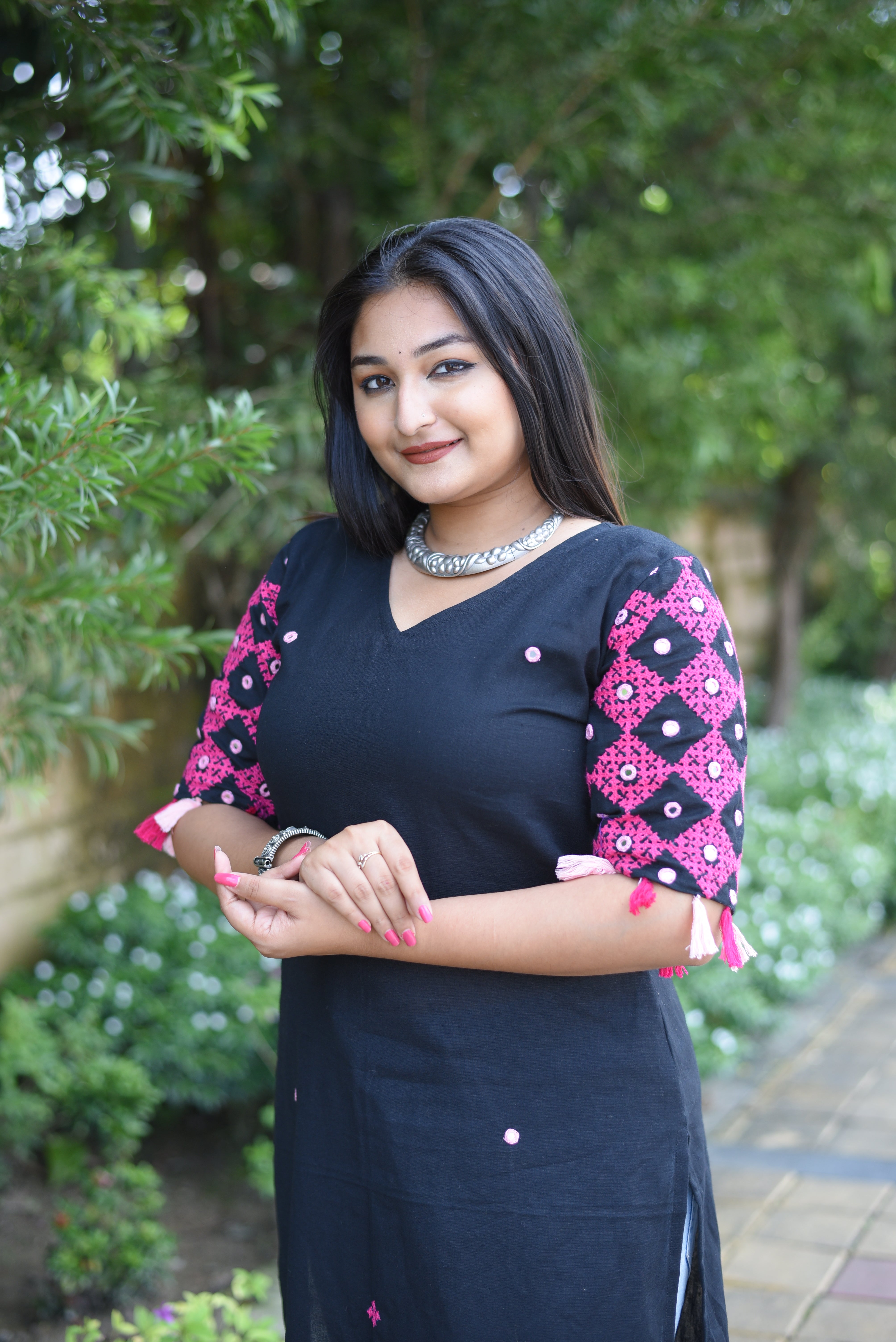 Black  Kutch Hand Embroidered Mirror Work with Hand Tassels Kurta