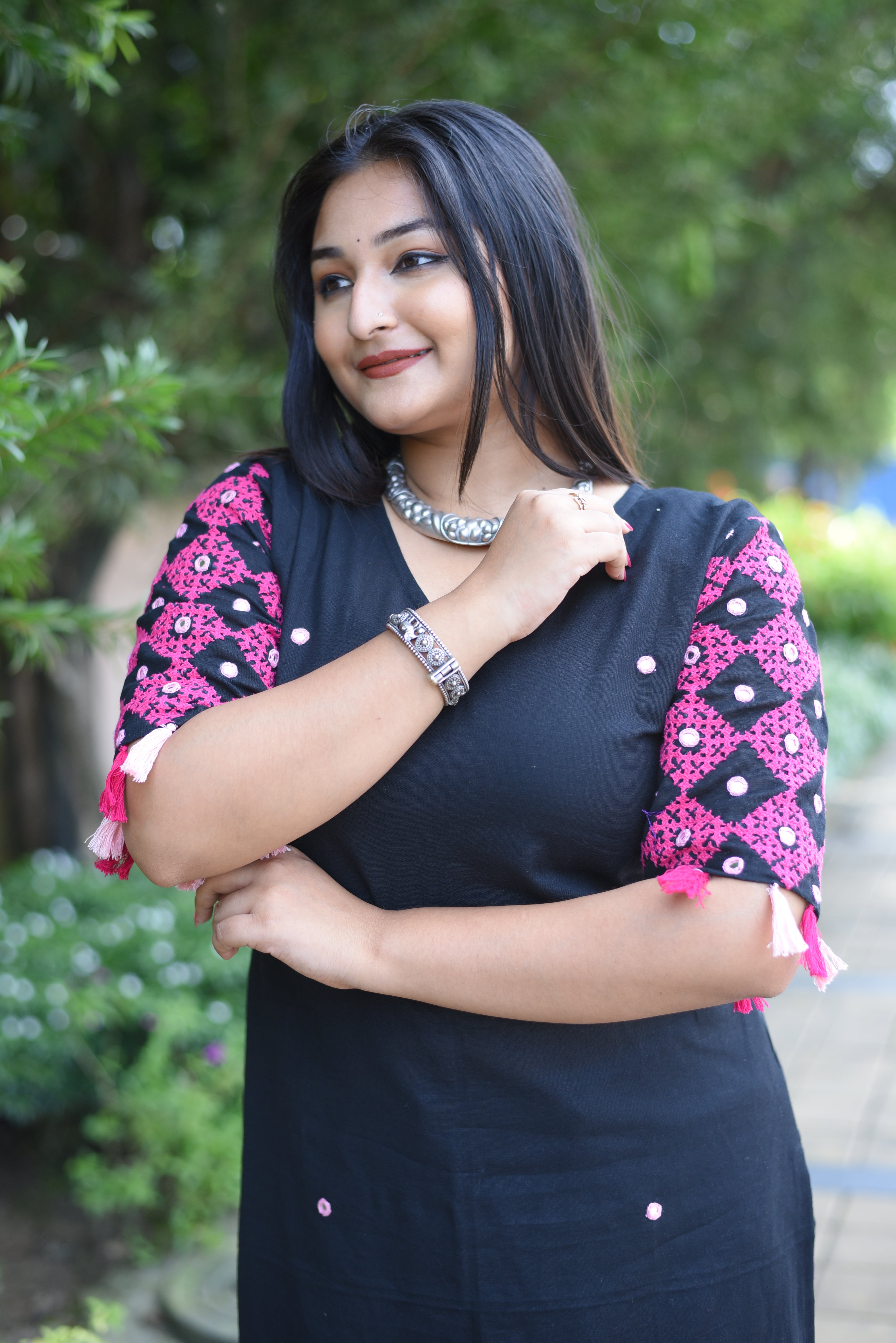 Black  Kutch Hand Embroidered Mirror Work with Hand Tassels Kurta