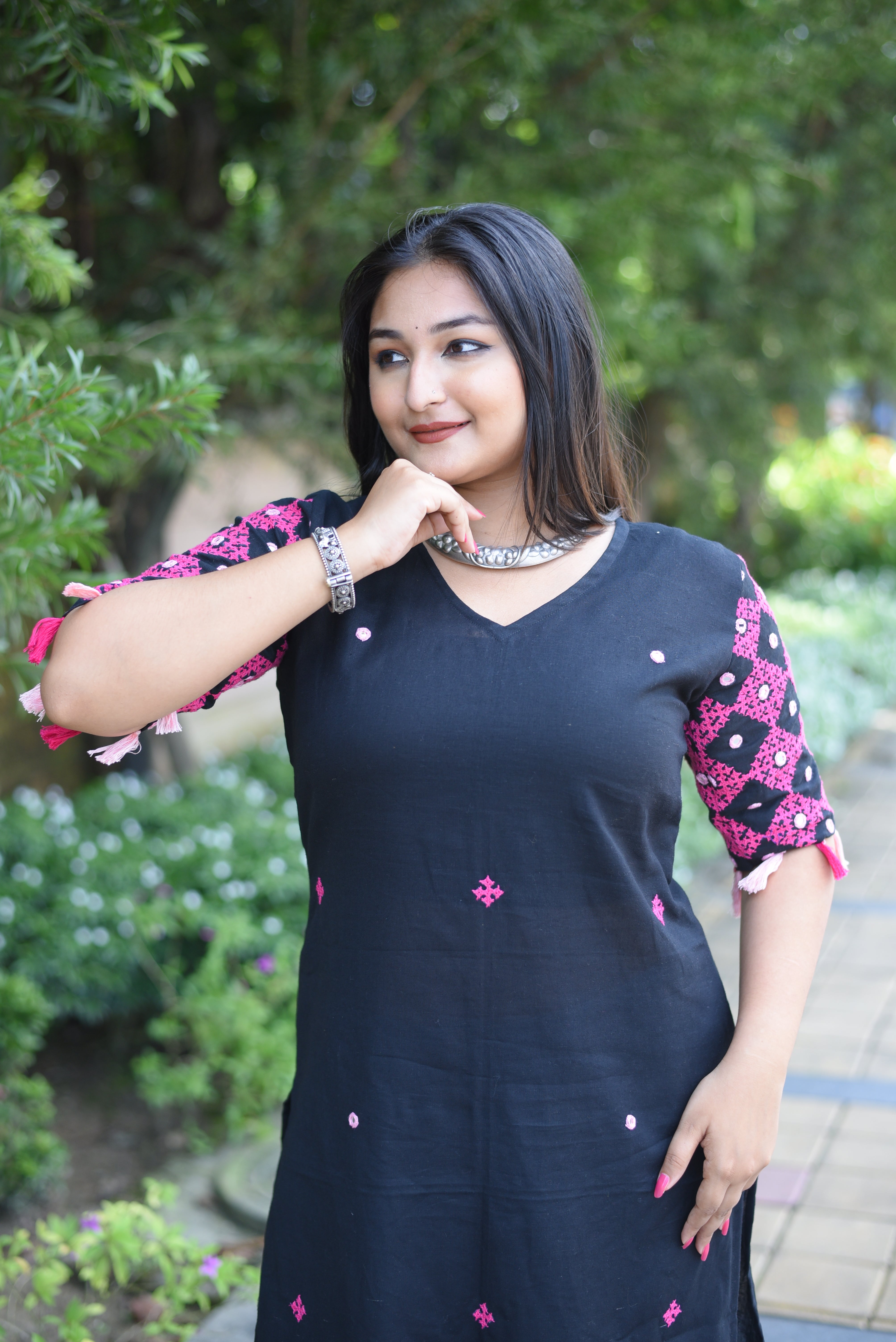 Black  Kutch Hand Embroidered Mirror Work with Hand Tassels Kurta