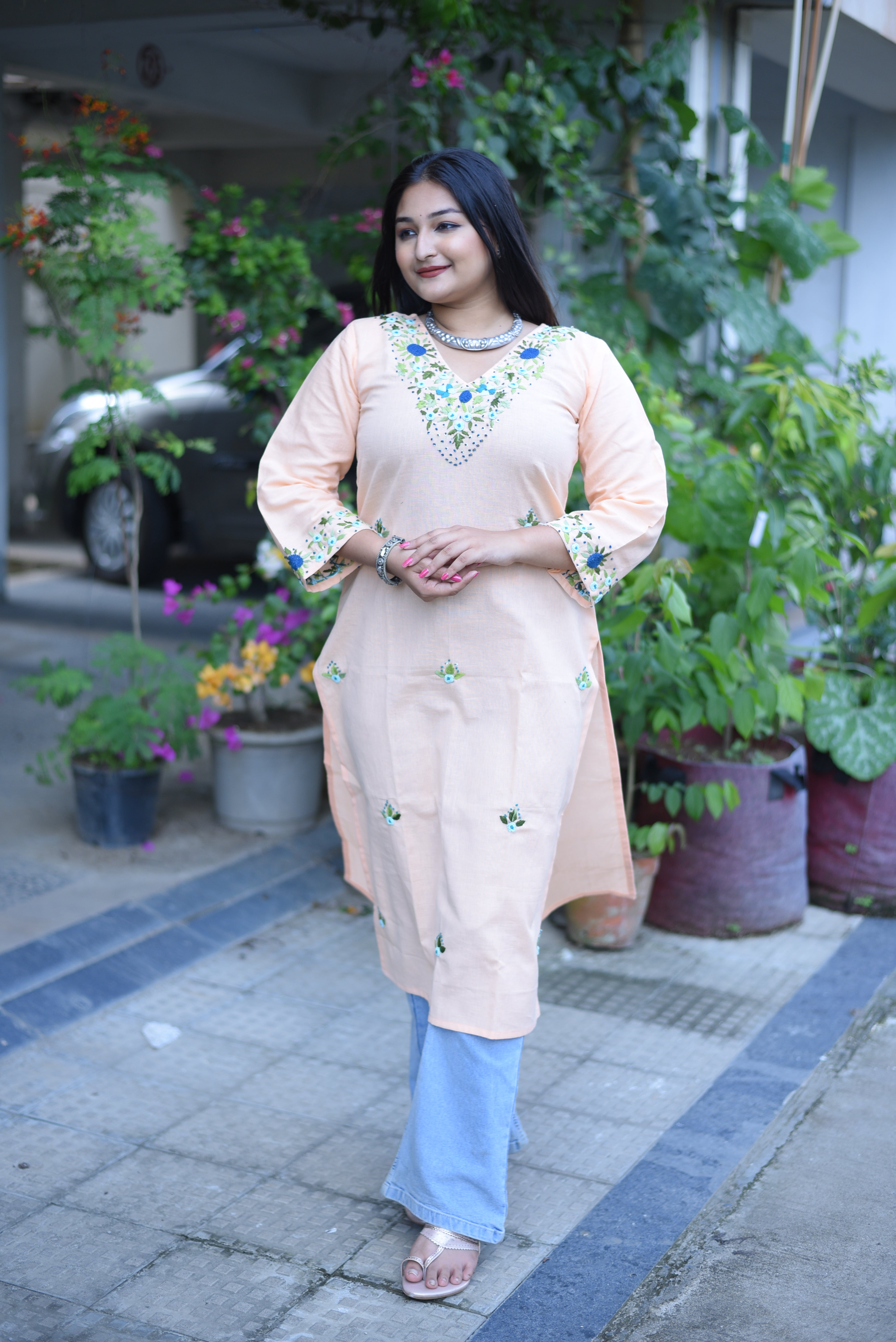 Peach Color Cotton Handwork Kurta