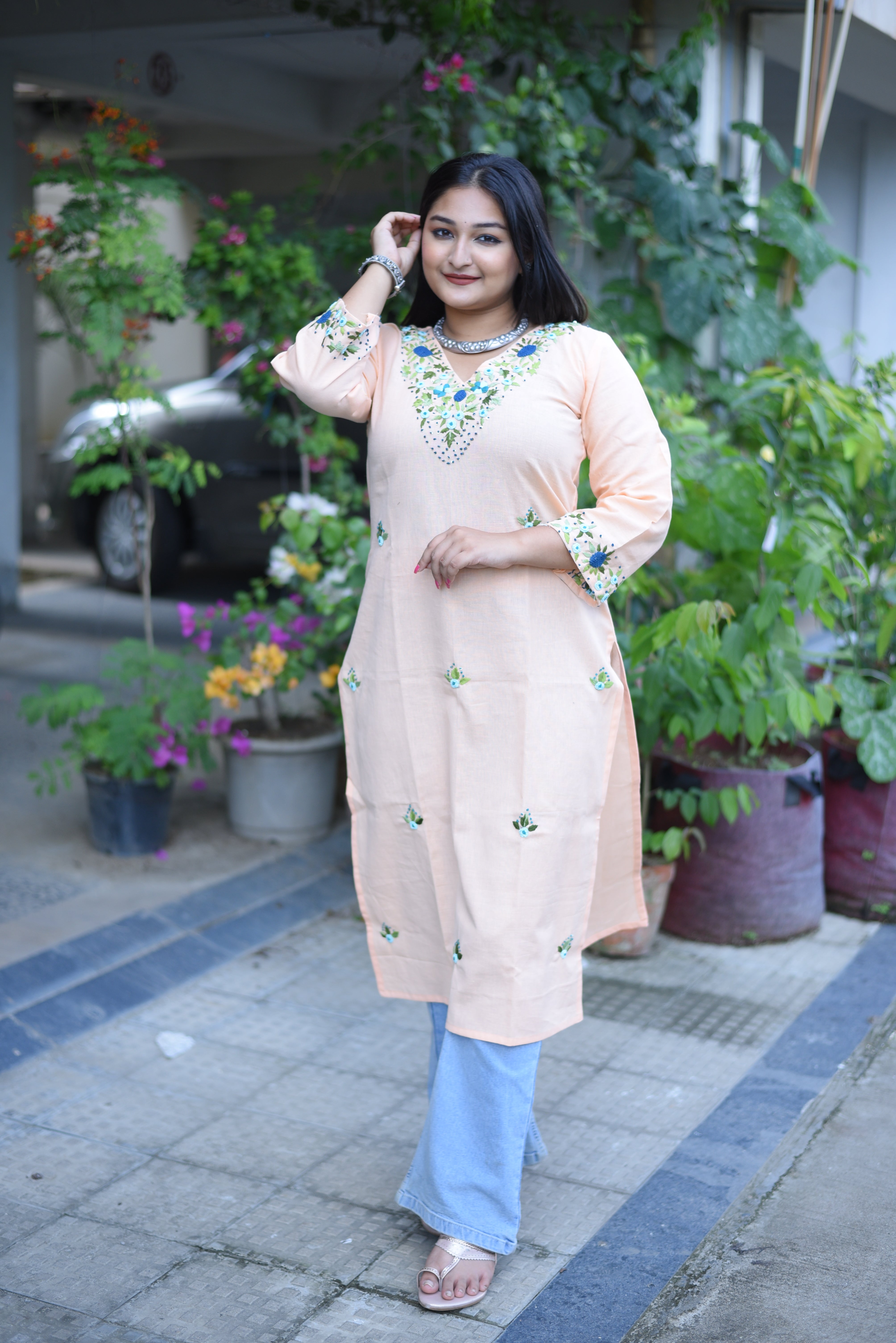 Peach Color Cotton Handwork Kurta
