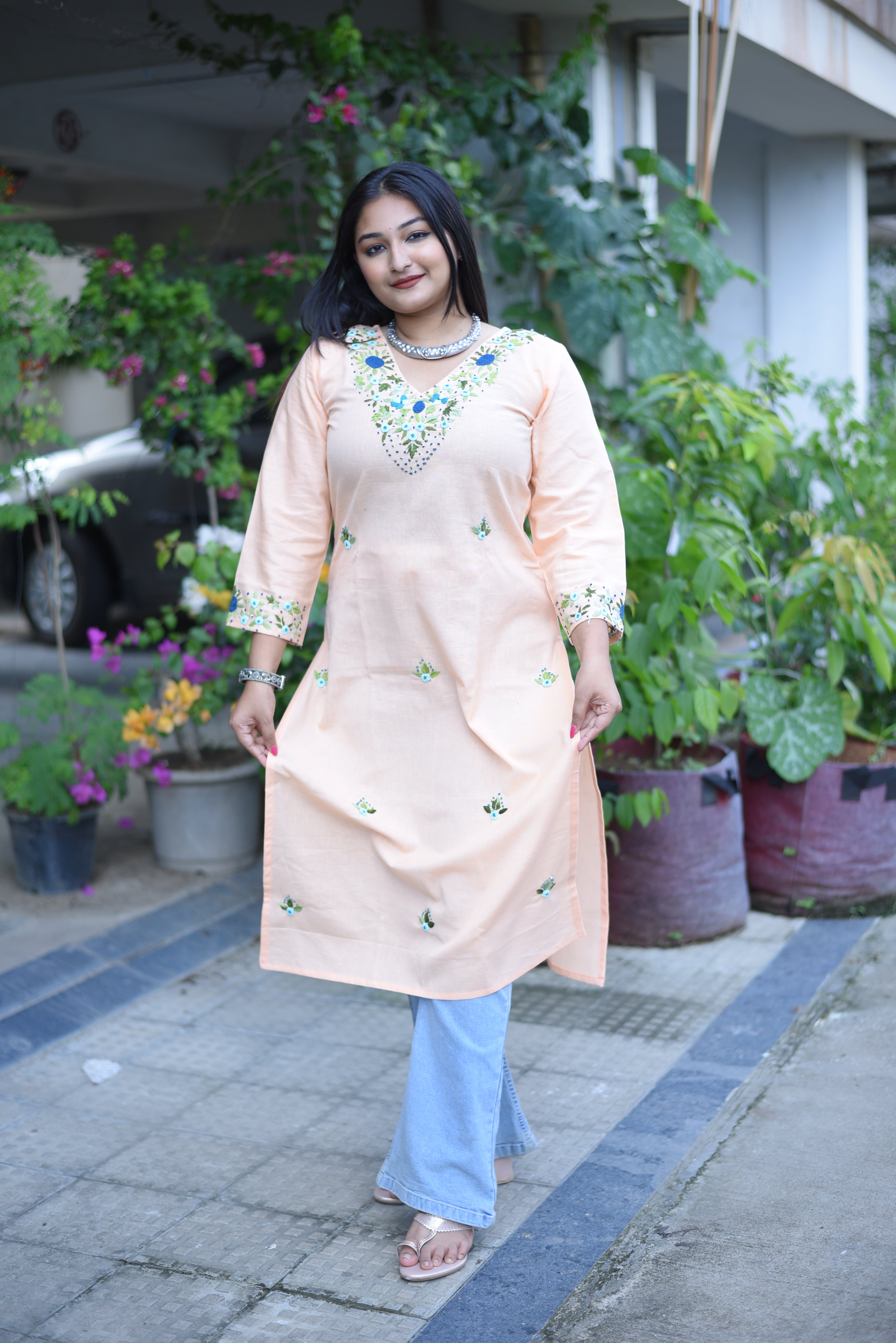 Peach Color Cotton Handwork Kurta