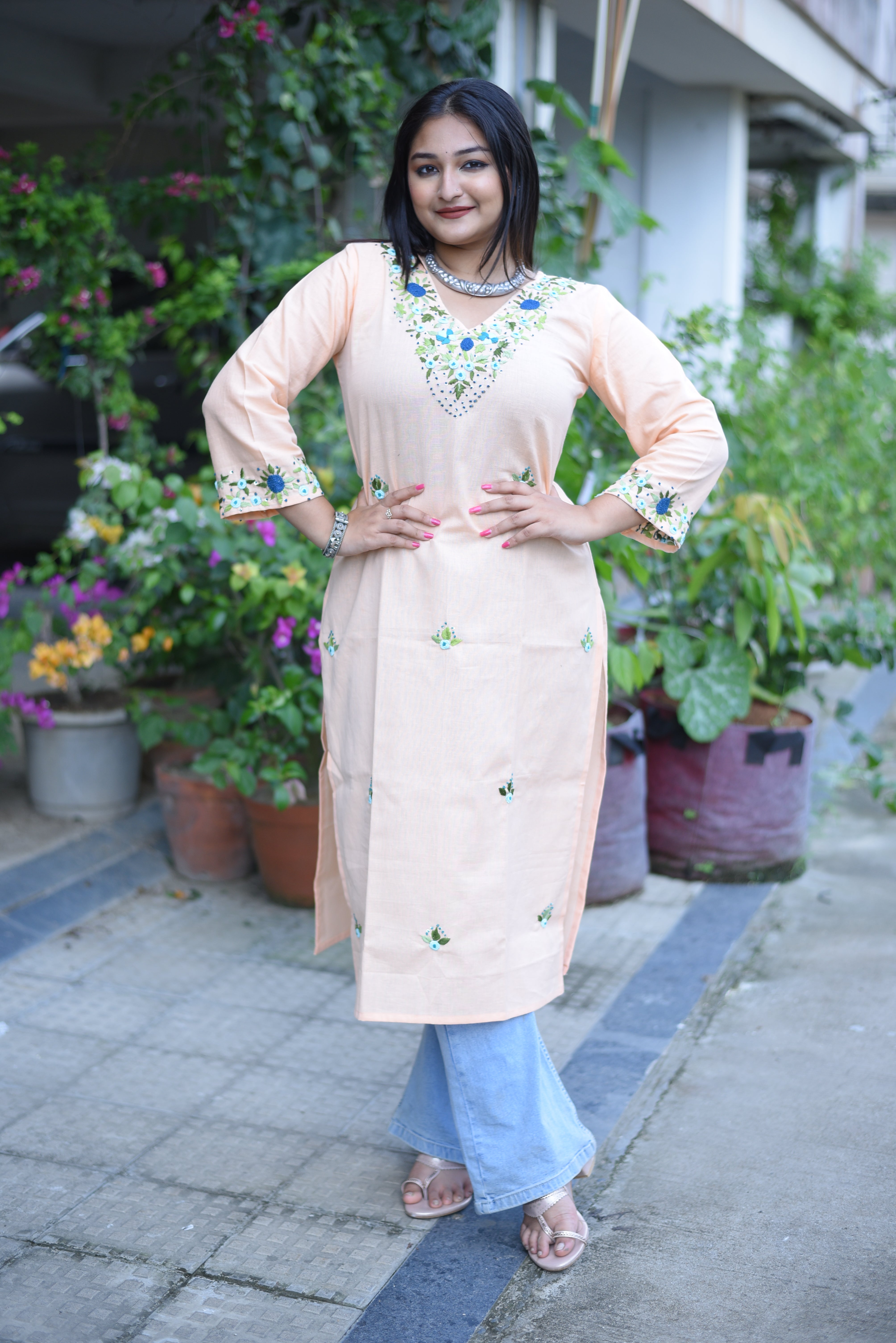 Peach Color Cotton Handwork Kurta