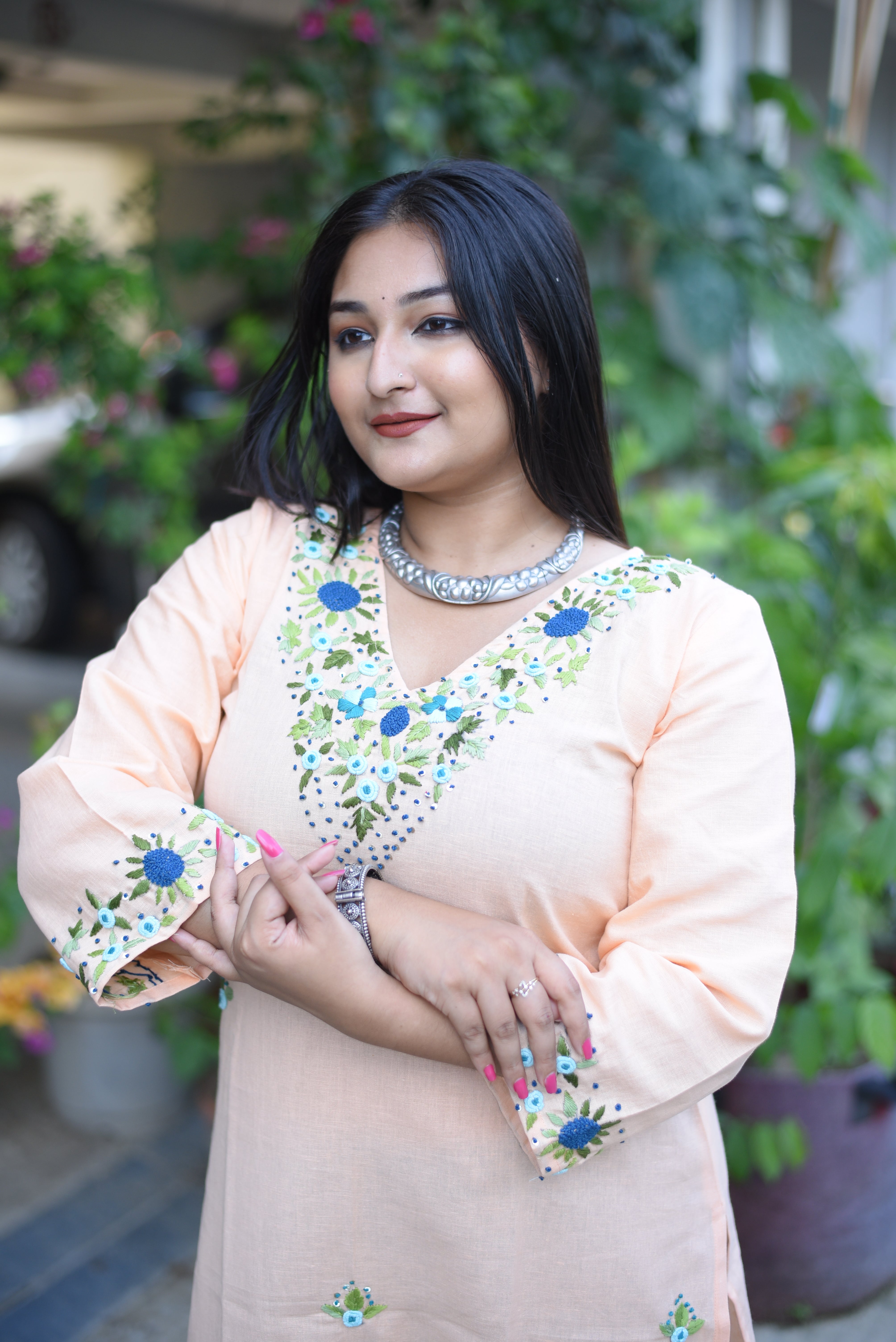 Peach Color Cotton Handwork Kurta