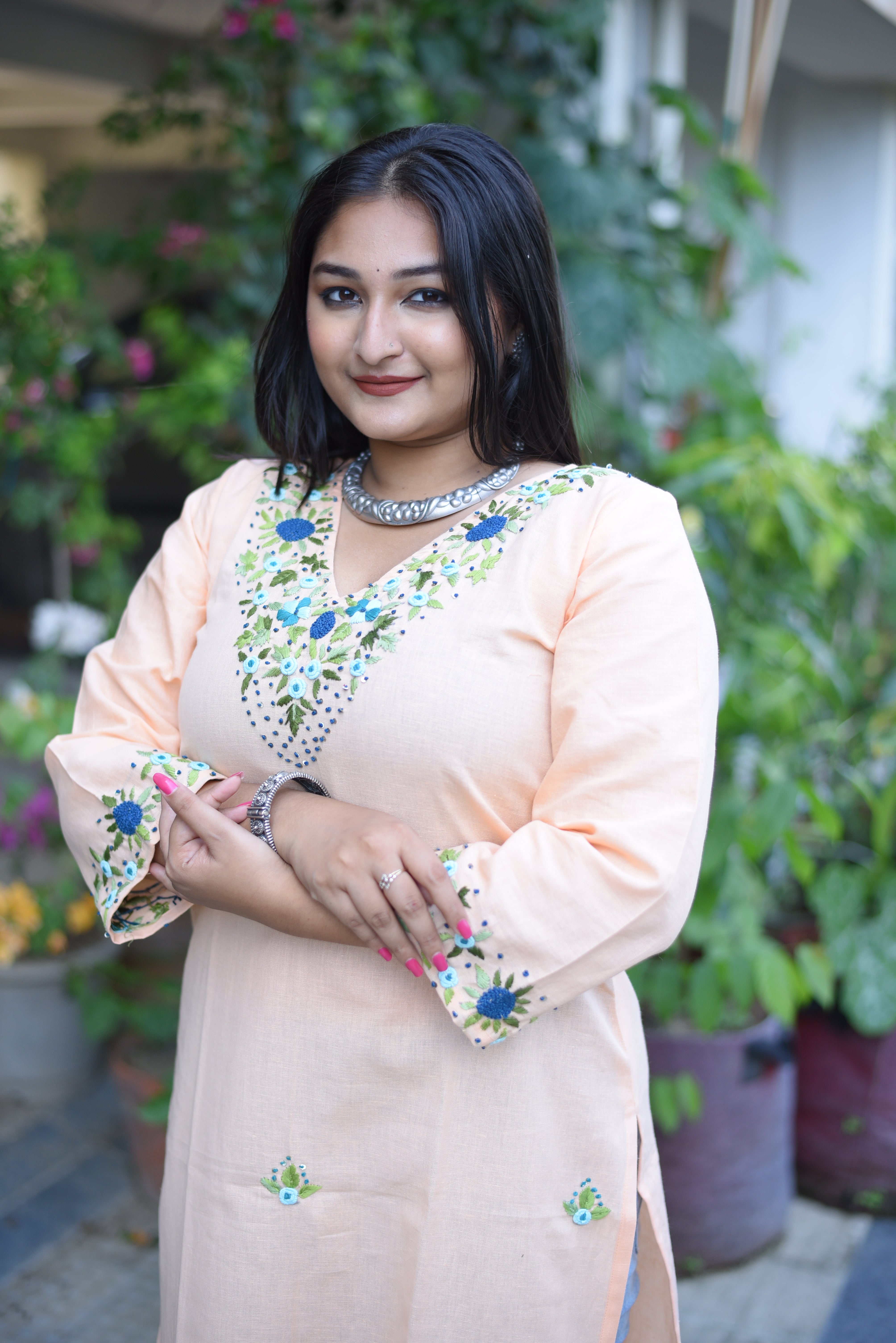 Peach Color Cotton Handwork Kurta