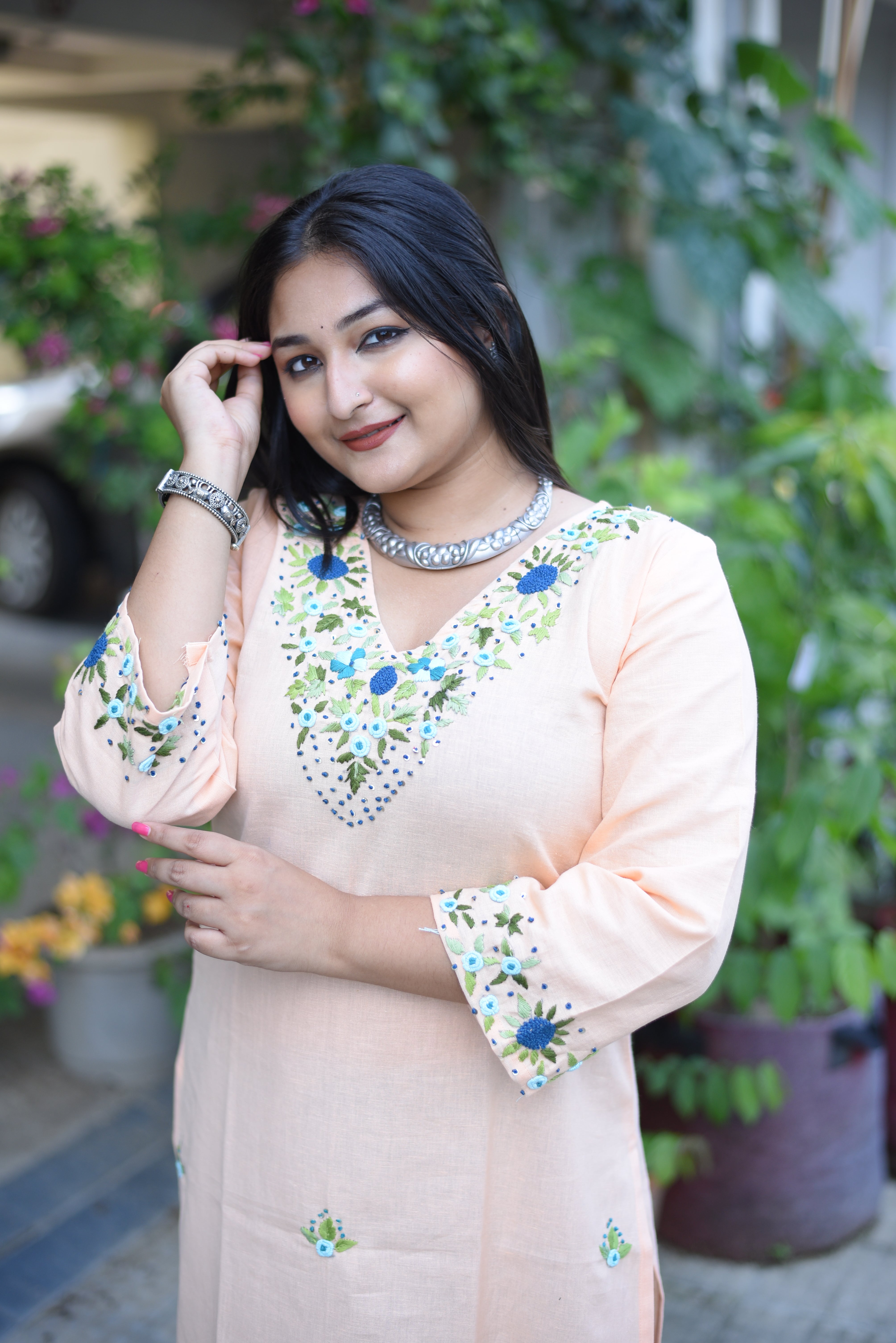 Peach Color Cotton Handwork Kurta